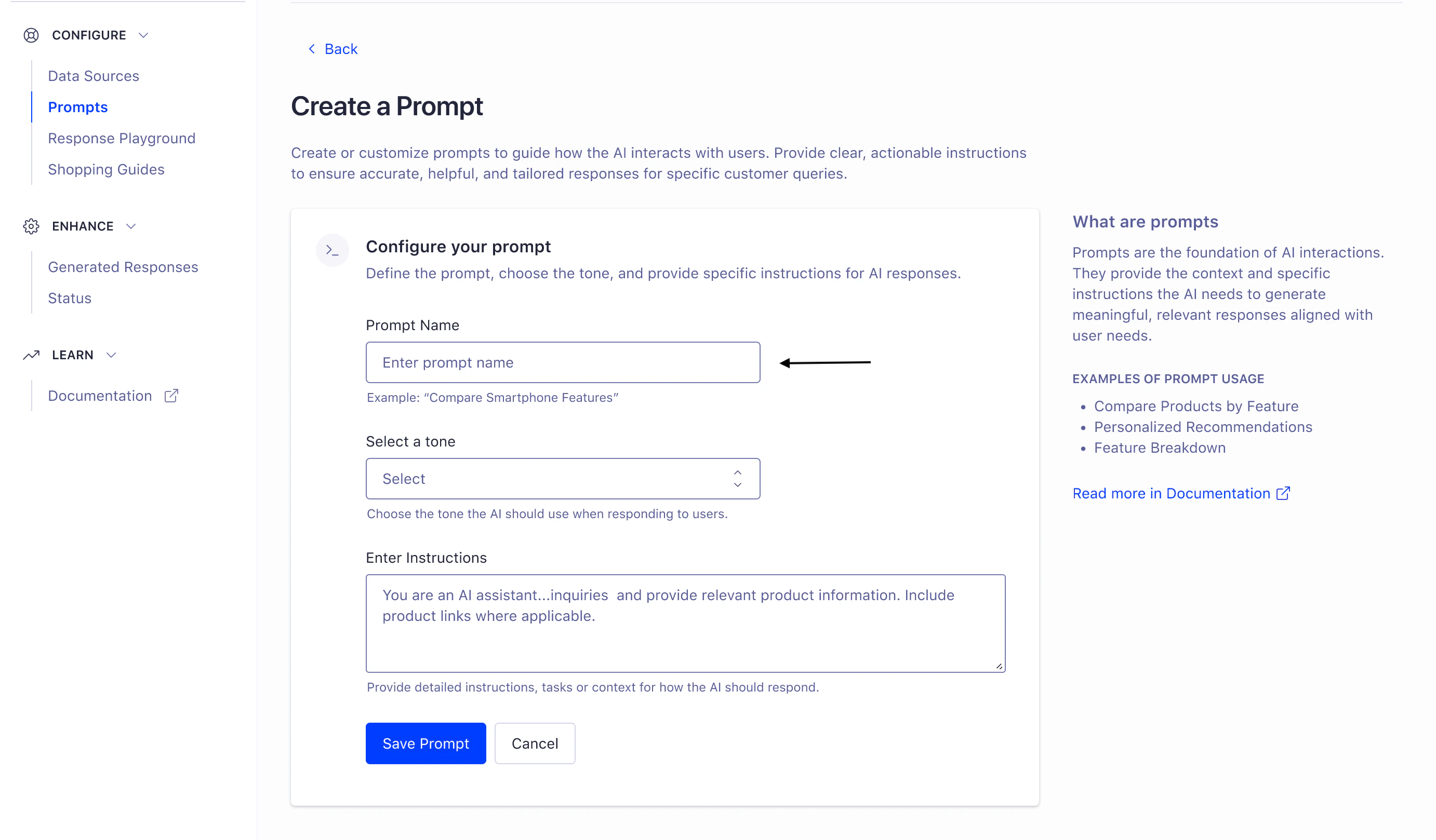 Screenshot of the 'Create a Prompt' page showing a text input field labeled 'Prompt Name' with placeholder text 'Enter prompt name' and an example.