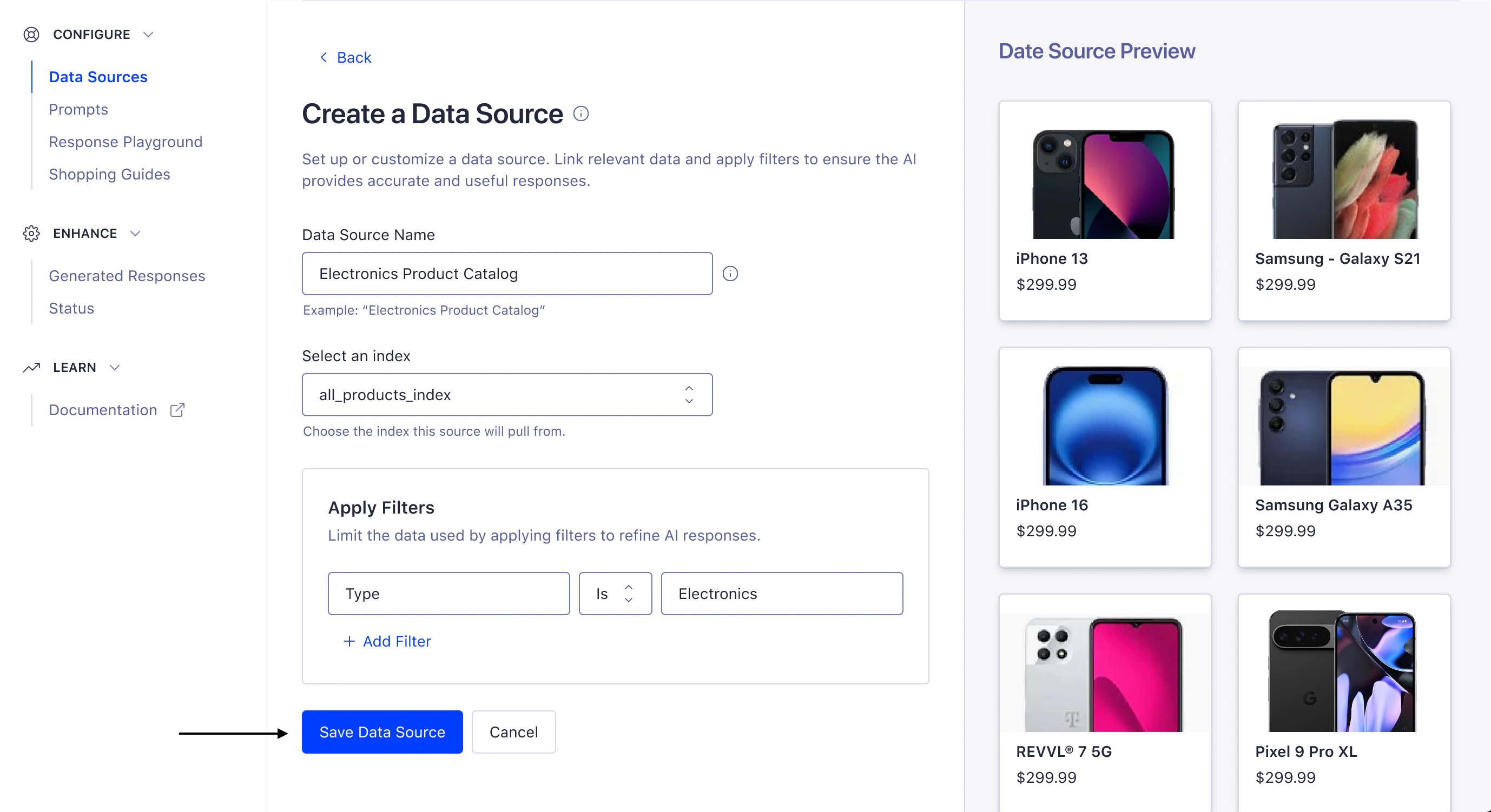 Screenshot of a 'Create a Data Source' form with a 'Save Data Source' button highlighted by an arrow.
