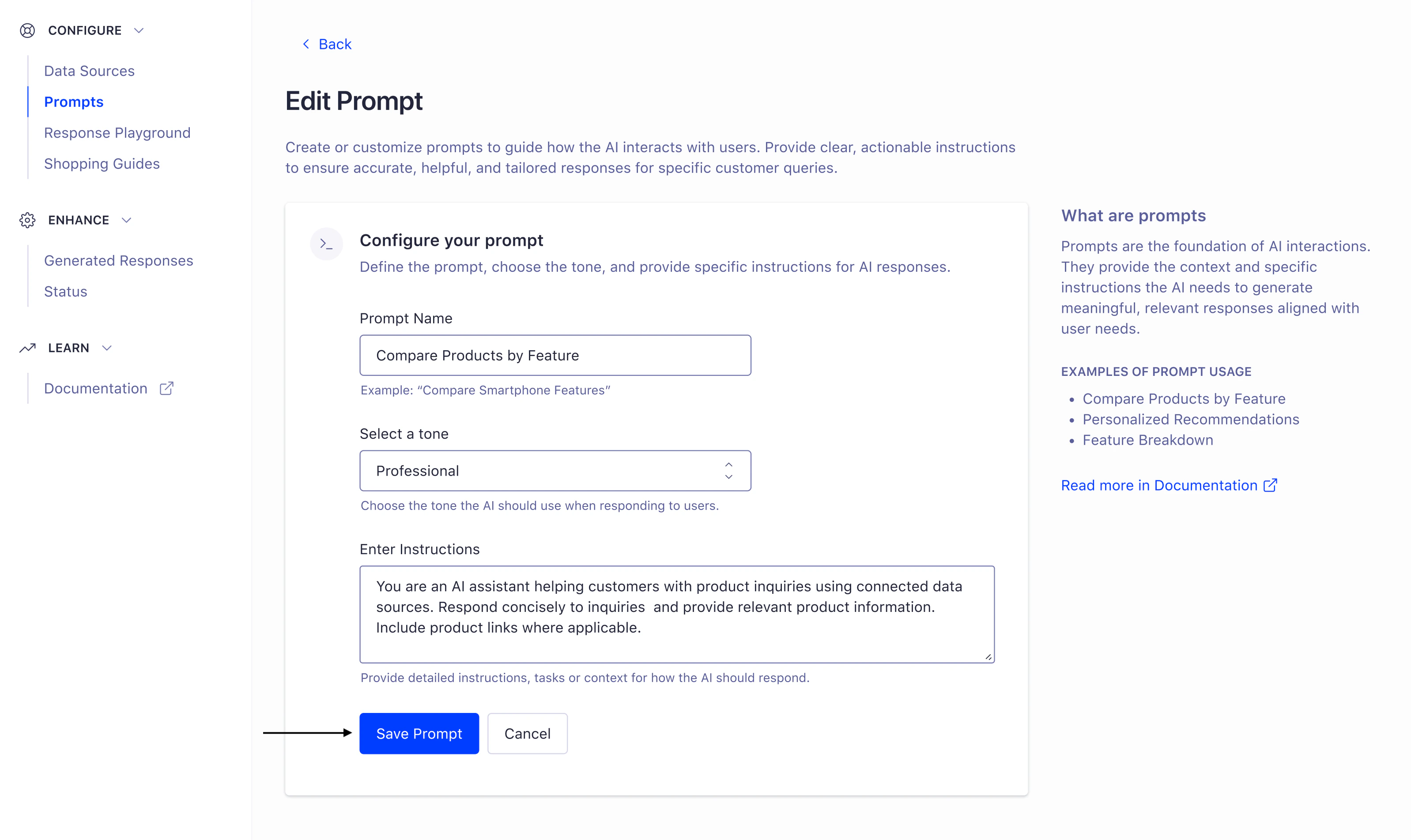 Screenshot of the 'Edit Prompt' form with fields for 'Prompt Name', 'Select a tone', and 'Enter Instructions', and a 'Save Prompt' button.