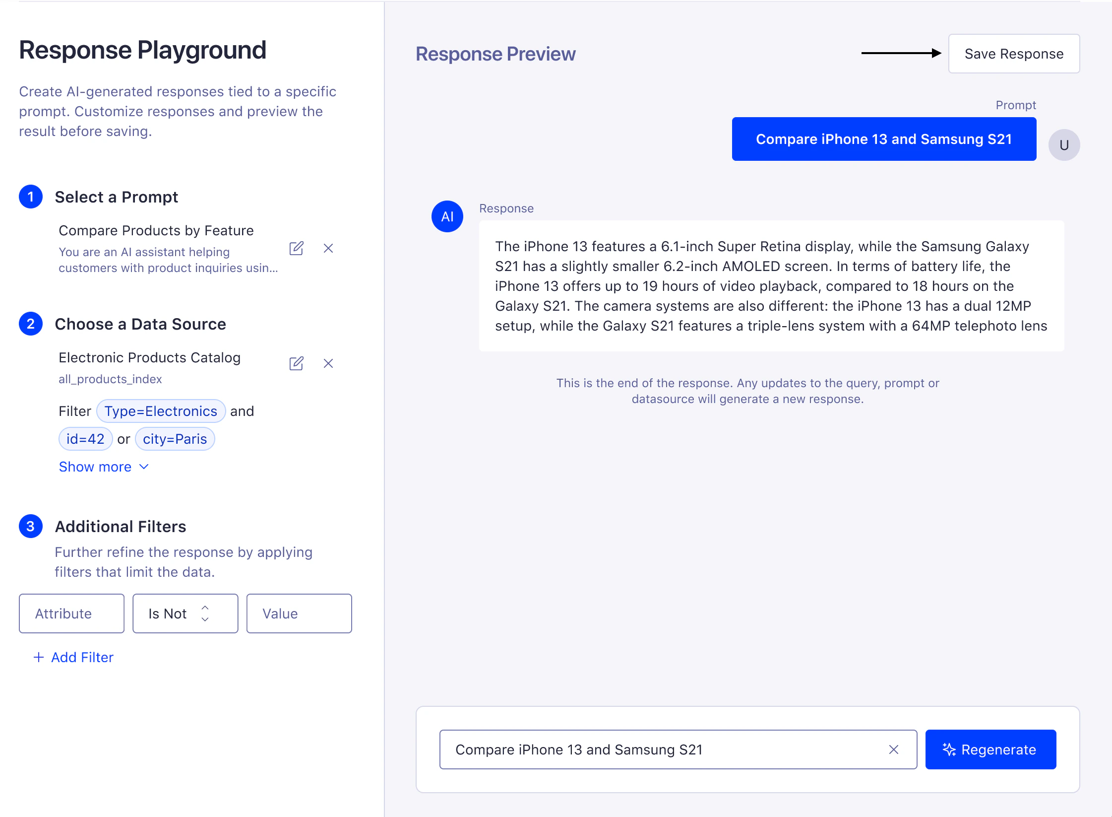 Screenshot of a 'Response Playground' with a phone comparison prompt, showing a response preview and 'Save Response' button.