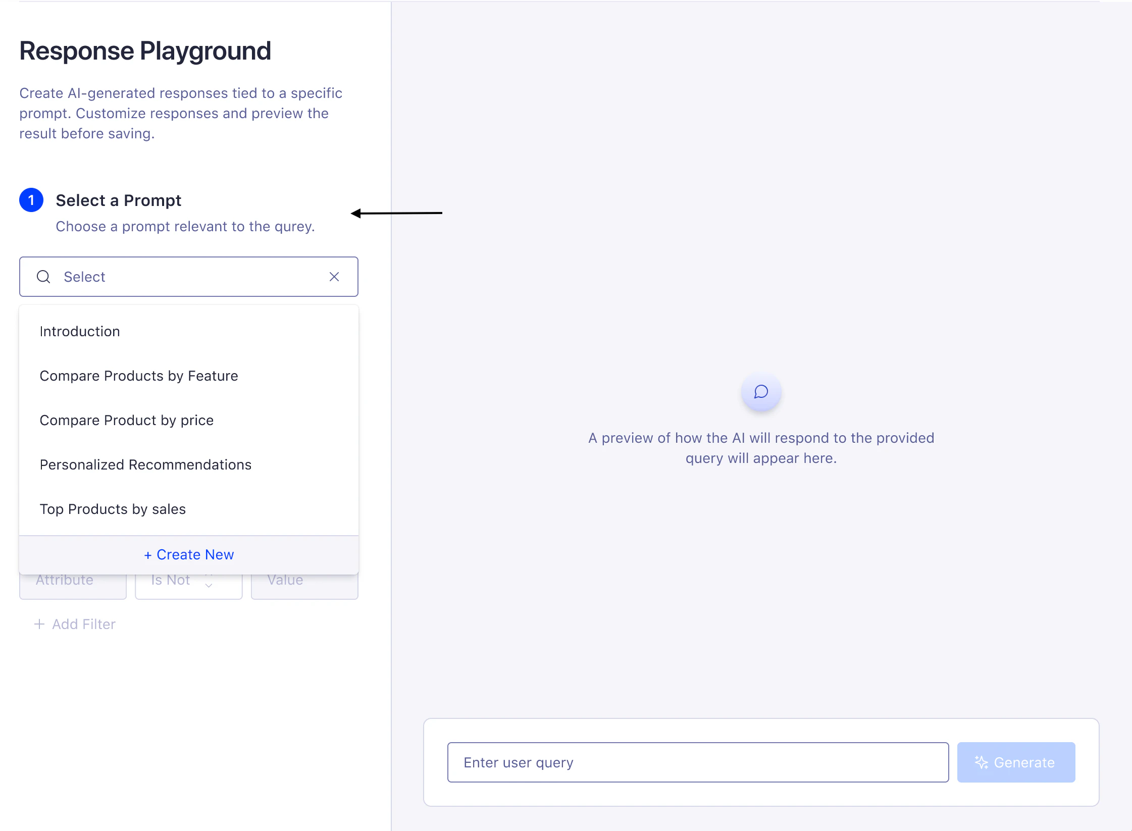 Screenshot of a 'Response Playground' with a prompt drop-down menu showing options like 'Introduction' and 'Compare Products by Feature.'