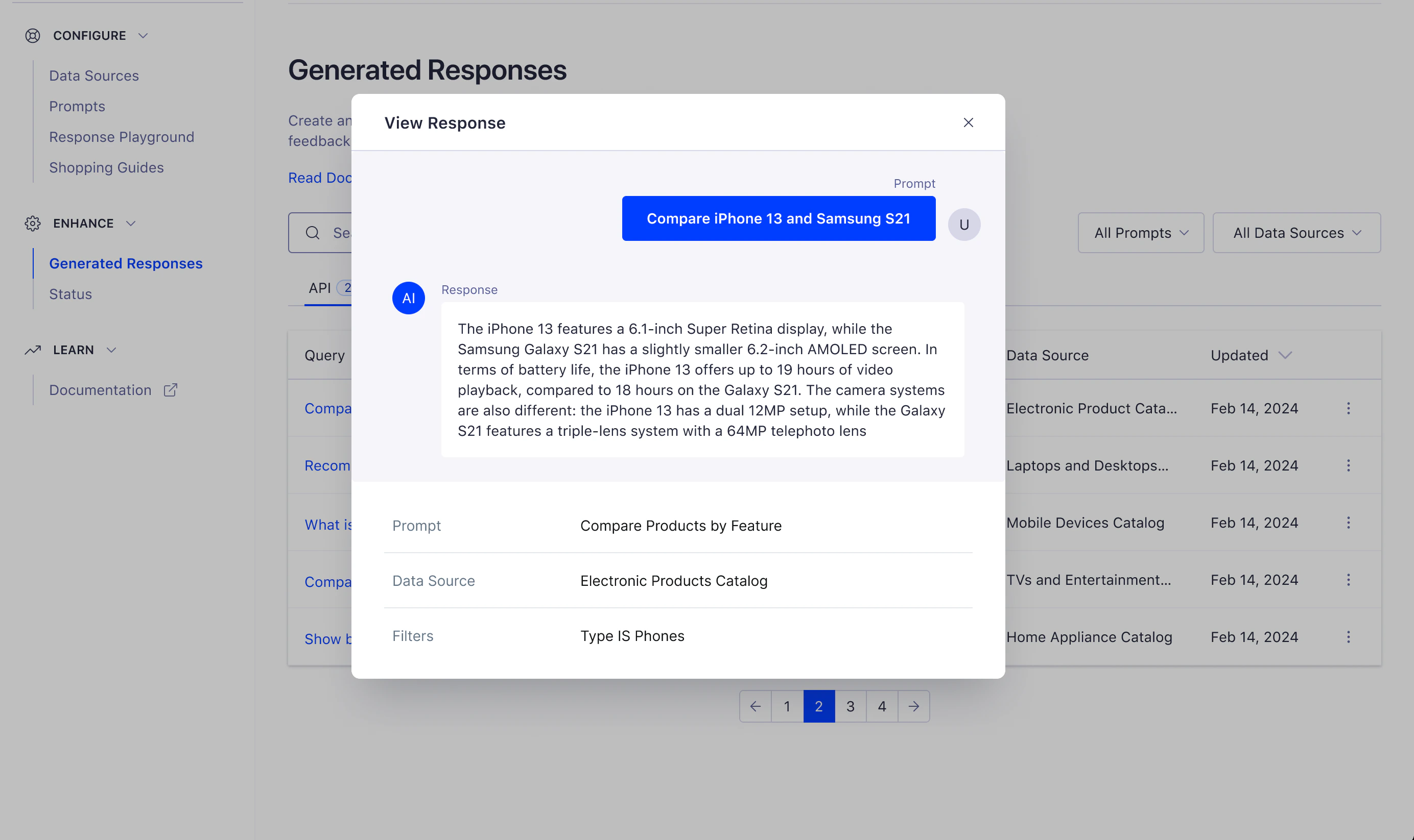 Screenshot of a 'View Response' modal showing a phone comparison, with details on display, battery life, and camera systems.