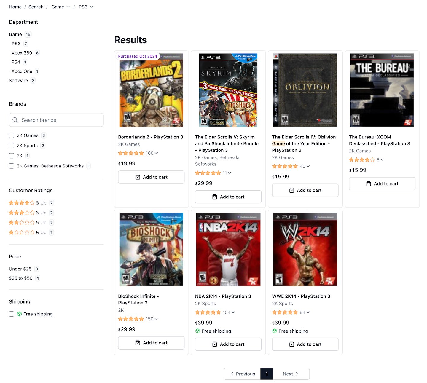 Storefront displaying labeled purchased items in search results