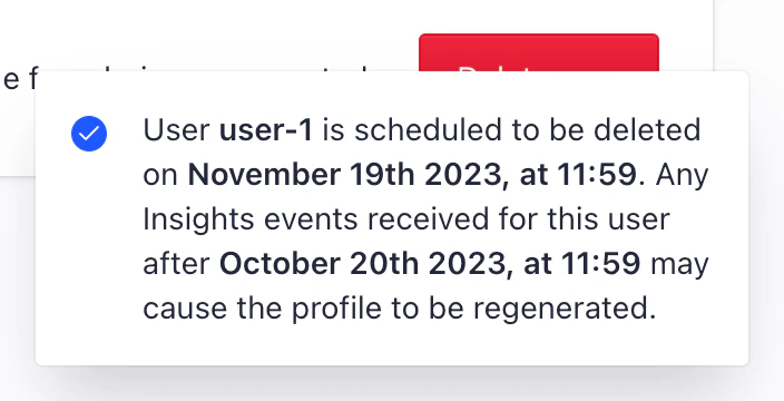 Dashboard notification displayed after deleting a user profile