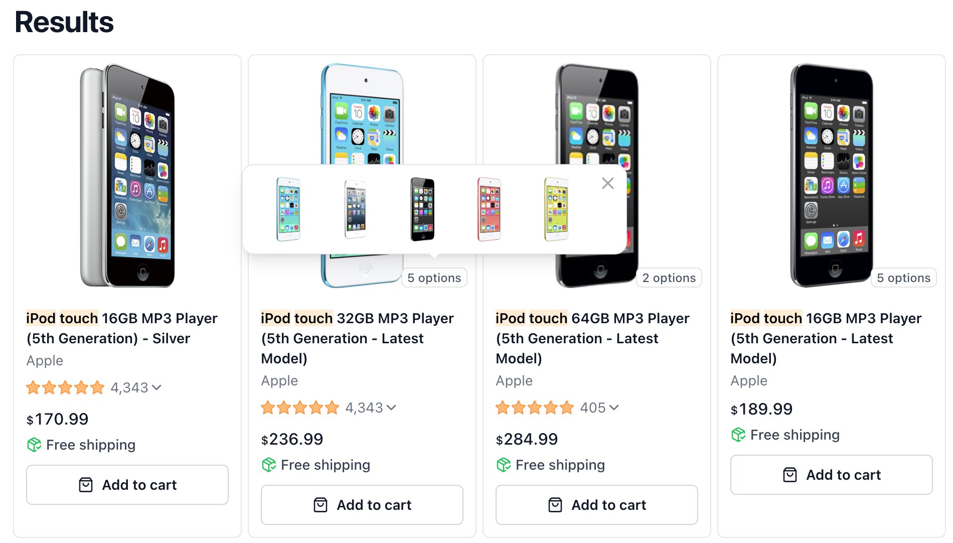 Search results showing personalized product variants