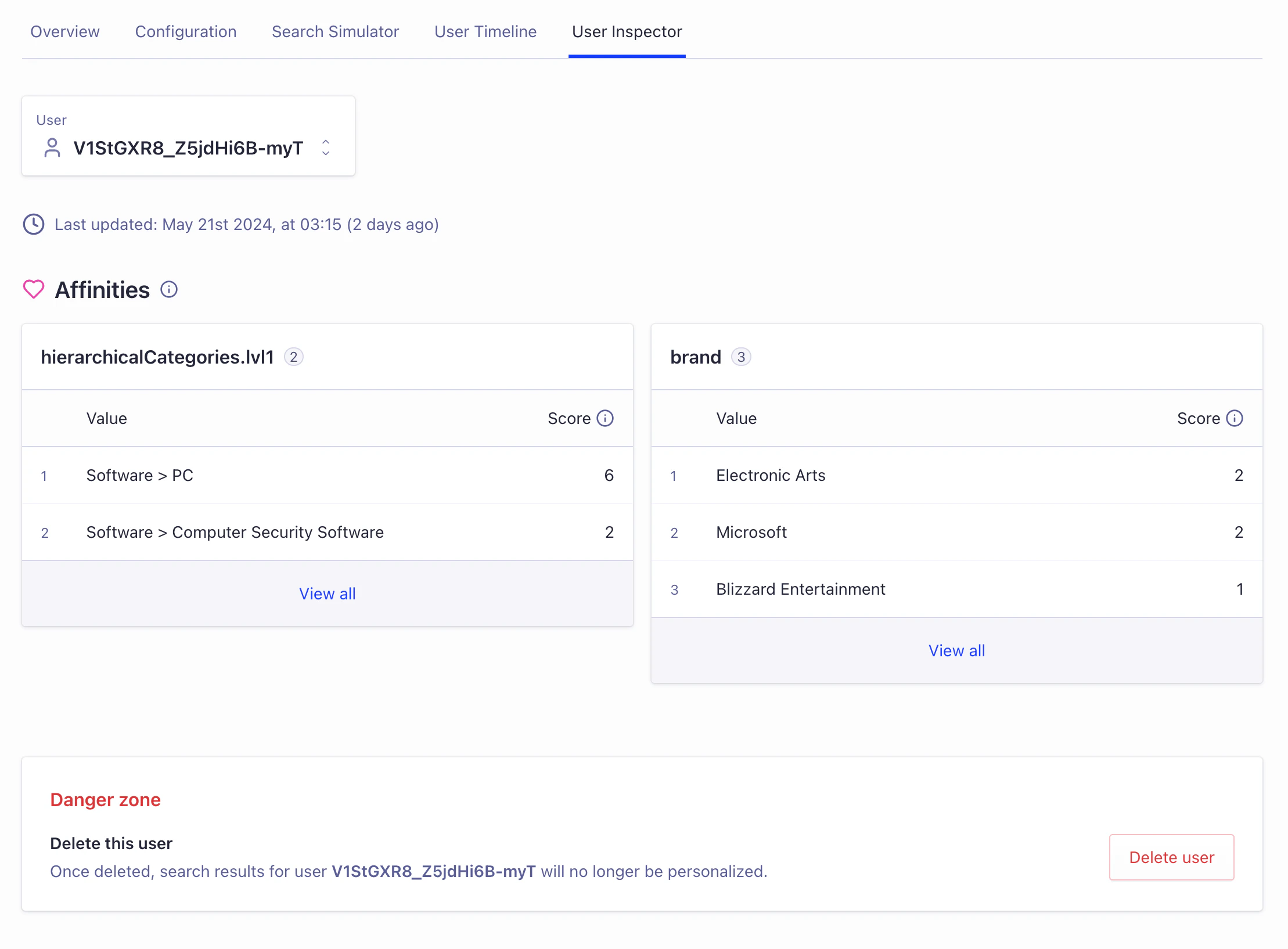 Screenshot of the 'User Inspector' tab showing a user profile with 'Delete this user' danger zone and a 'Delete user' button.