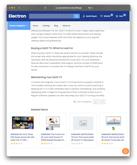 Screenshot of a webpage with a 'Guides' section on QLED TVs, including buying tips and maintenance, and a 'Related items' section with product cards.