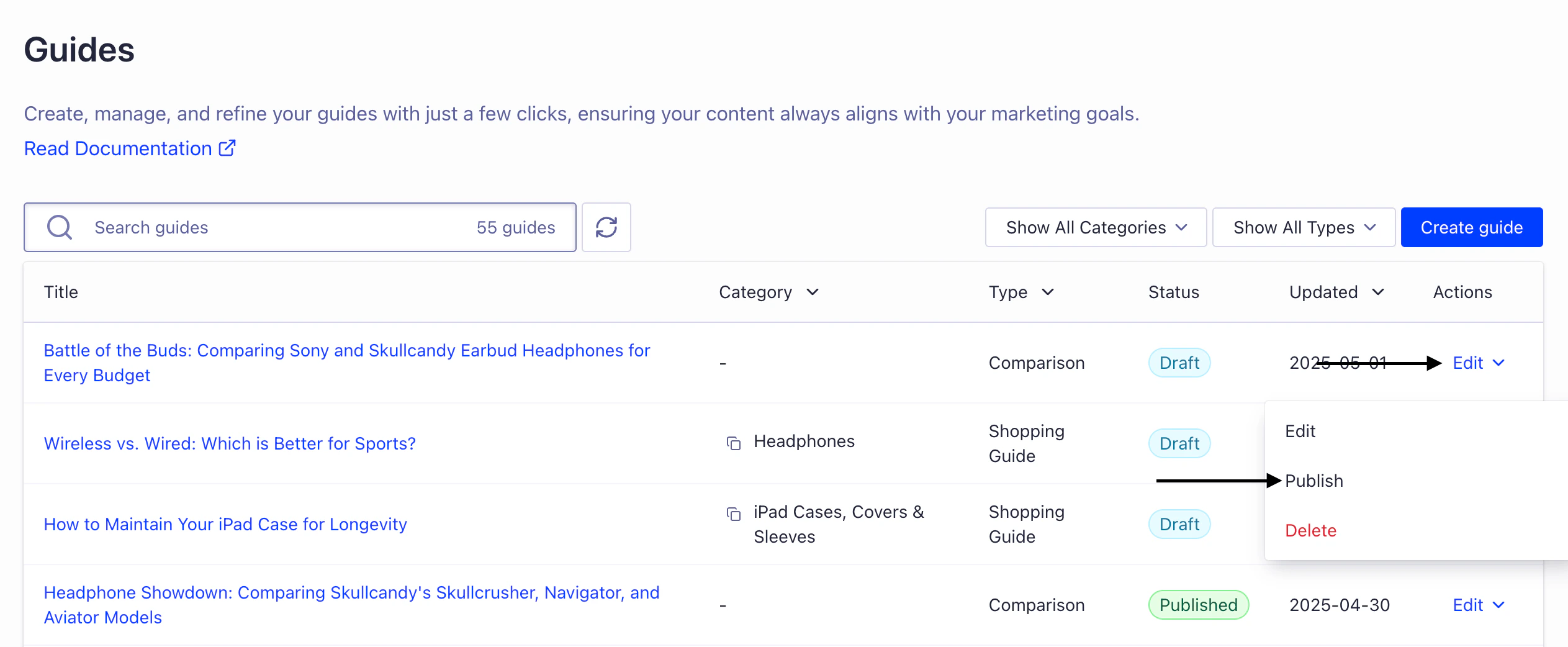 Screenshot of the 'Guides' page showing a list of guides with a drop-down menu open on the 'Actions' column, highlighting the 'Publish' option.