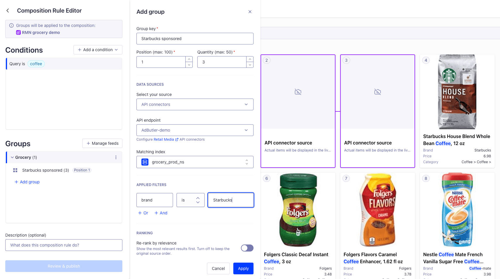 Screenshot of the "Add group" panel with "API connectors" selected as the source and sponsored product slots in the preview.