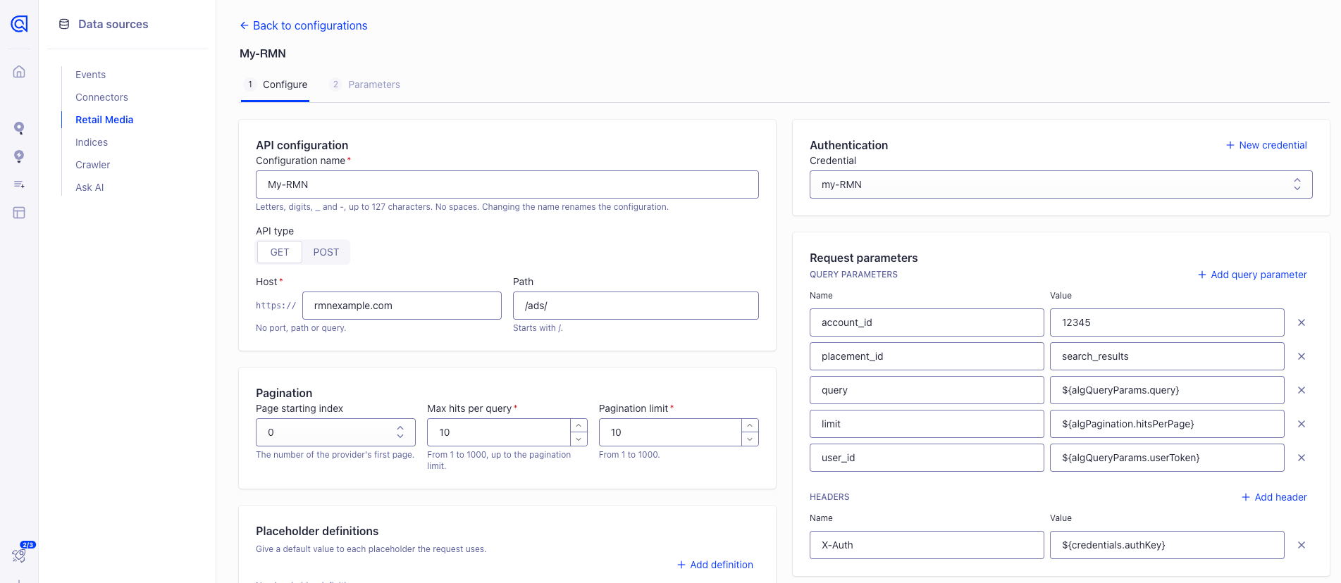Screenshot of a new Retail Media configuration with the API details, pagination, credential, and query parameters filled in.