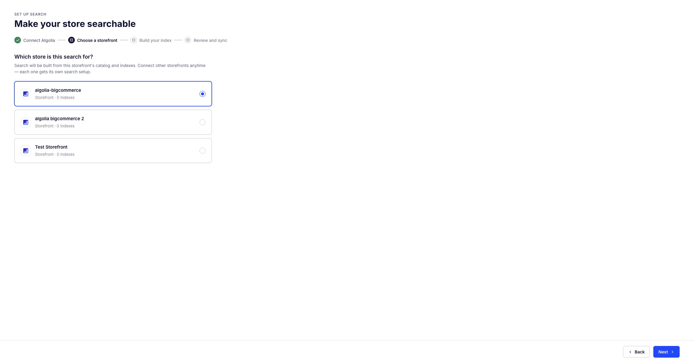 Screenshot of the 'Choose a storefront' step listing three storefronts with the first one selected.