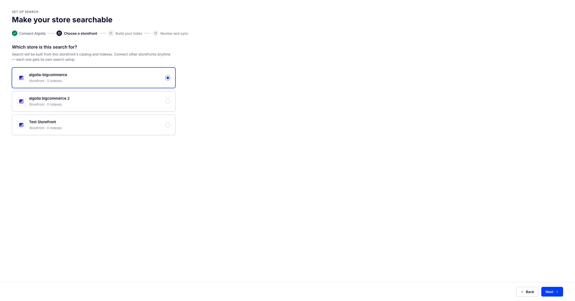 Screenshot of the 'Choose a storefront' step listing three storefronts with the first one selected.