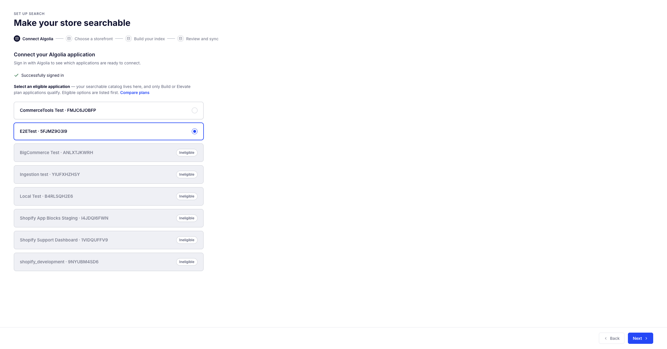 Screenshot of the 'Connect Algolia' step with a list of Algolia applications and an eligible application selected.