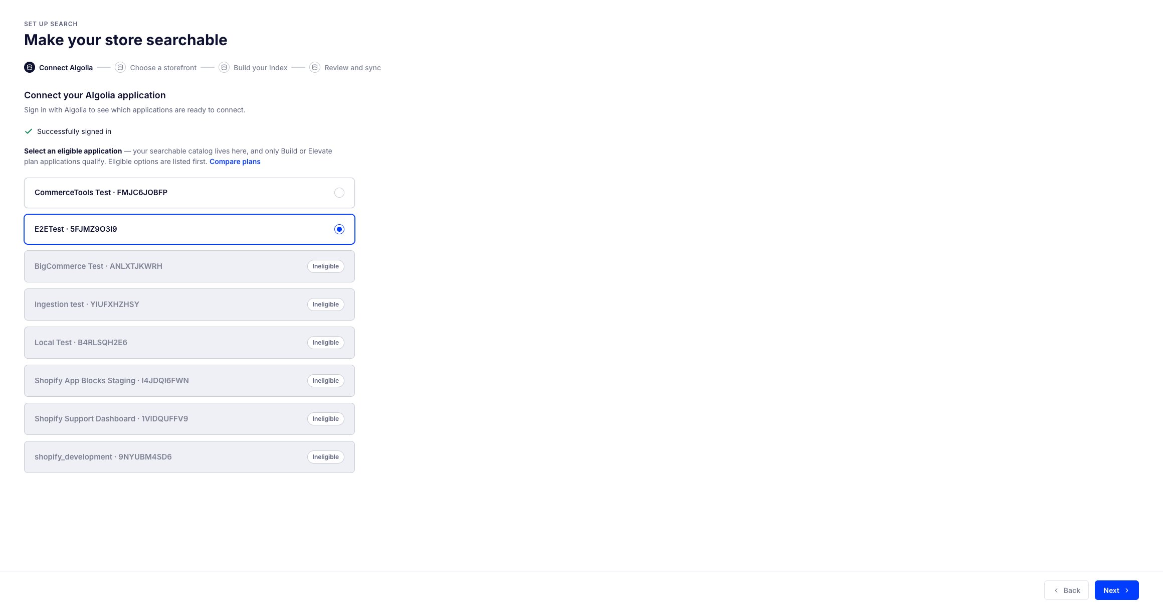 Screenshot of the 'Connect Algolia' step with a list of Algolia applications and an eligible application selected.