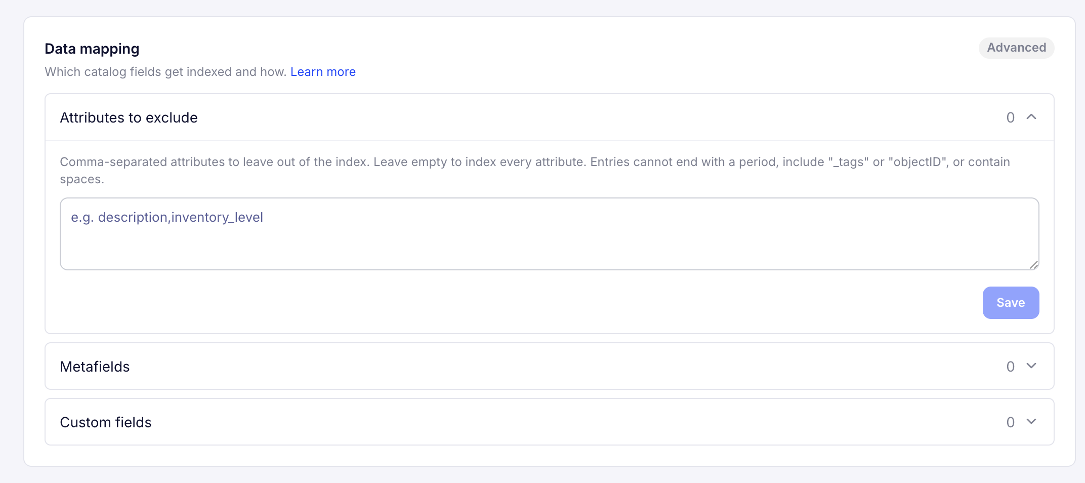 Screenshot of the 'Data mapping' section with the 'Attributes to exclude' panel expanded, showing a comma-separated text input and a 'Save' button.