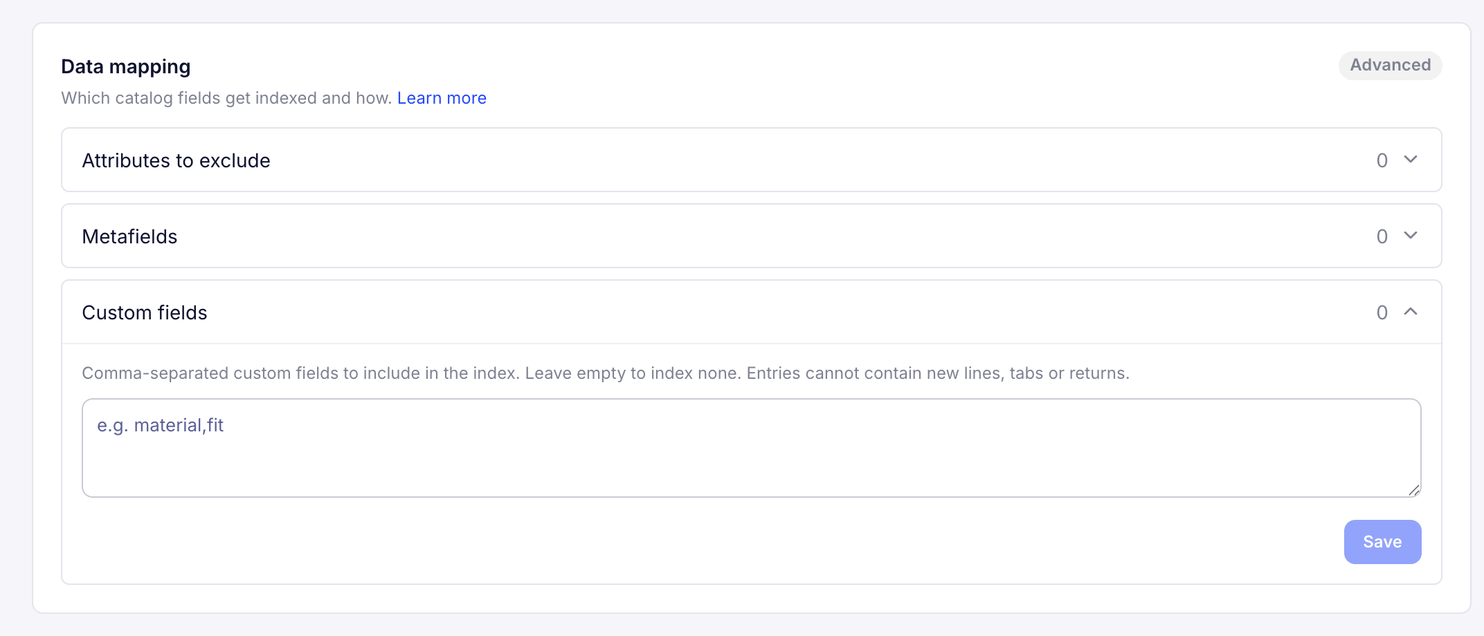 Screenshot of the 'Data mapping' section with the 'Custom fields' panel expanded, showing a comma-separated text input and a 'Save' button.