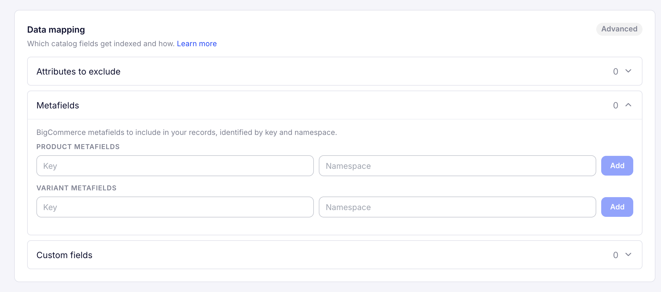 Screenshot of the 'Data mapping' section with the 'Metafields' panel expanded, showing key and namespace inputs for product and variant metafields.