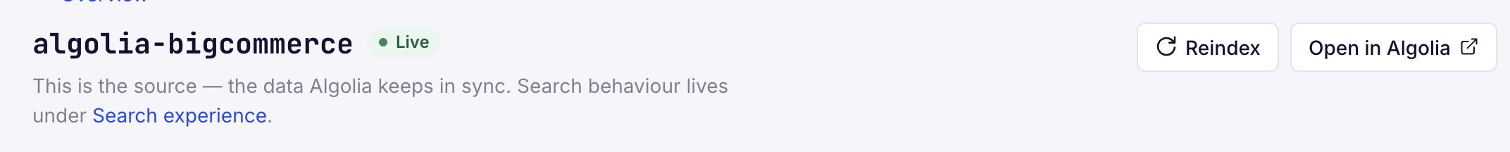 Screenshot of an index detail page header with a 'Live' status and 'Reindex' and 'Open in Algolia' buttons.