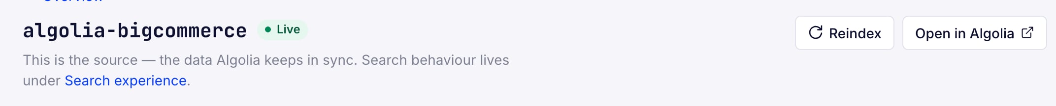 Screenshot of an index detail page header with a 'Live' status and 'Reindex' and 'Open in Algolia' buttons.