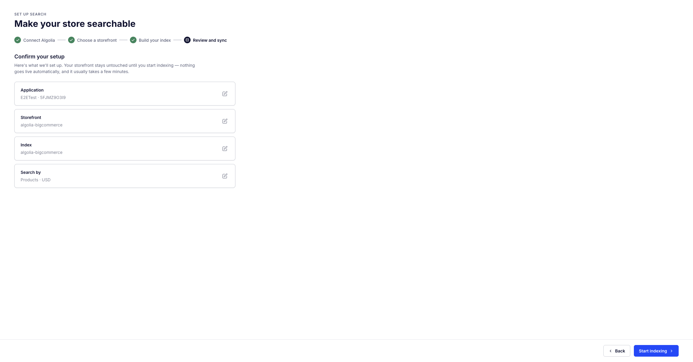 Screenshot of the 'Review and sync' step summarizing the application, storefront, index, and search settings, with a 'Start indexing' button.