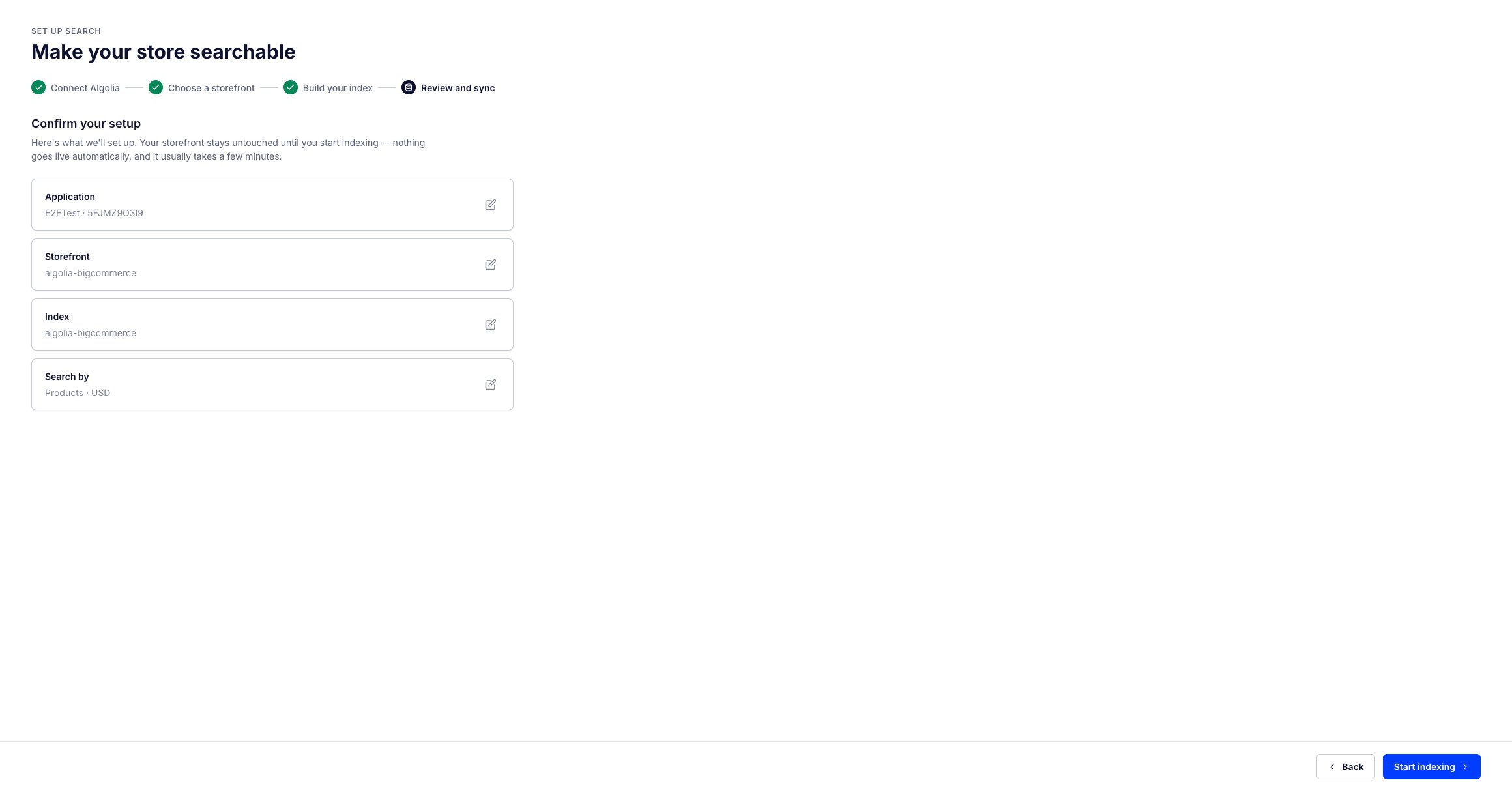 Screenshot of the 'Review and sync' step summarizing the application, storefront, index, and search settings, with a 'Start indexing' button.