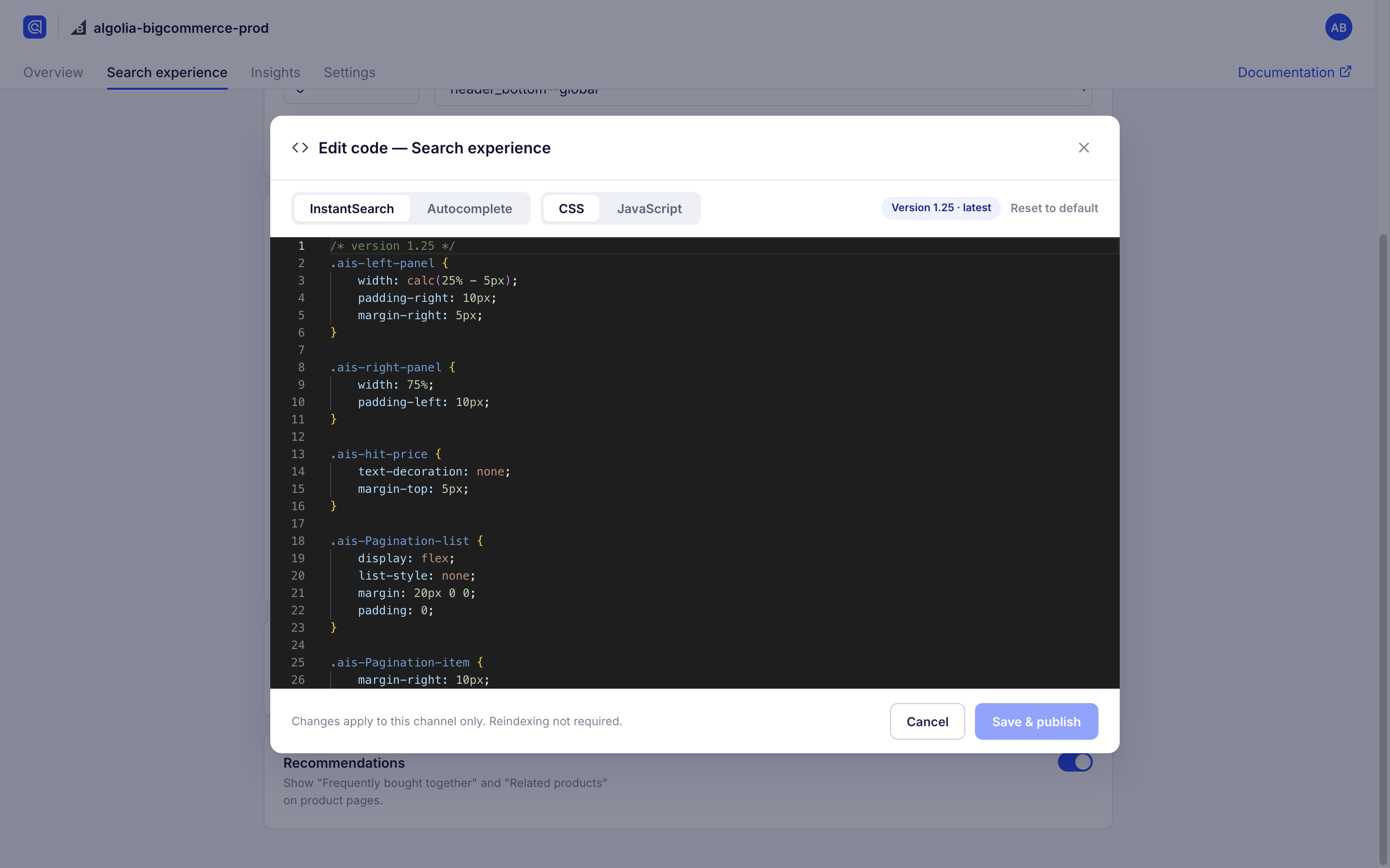 Screenshot of the 'Edit code' dialog with InstantSearch and Autocomplete tabs, CSS and JavaScript tabs, a version badge, and a 'Save & publish' button.