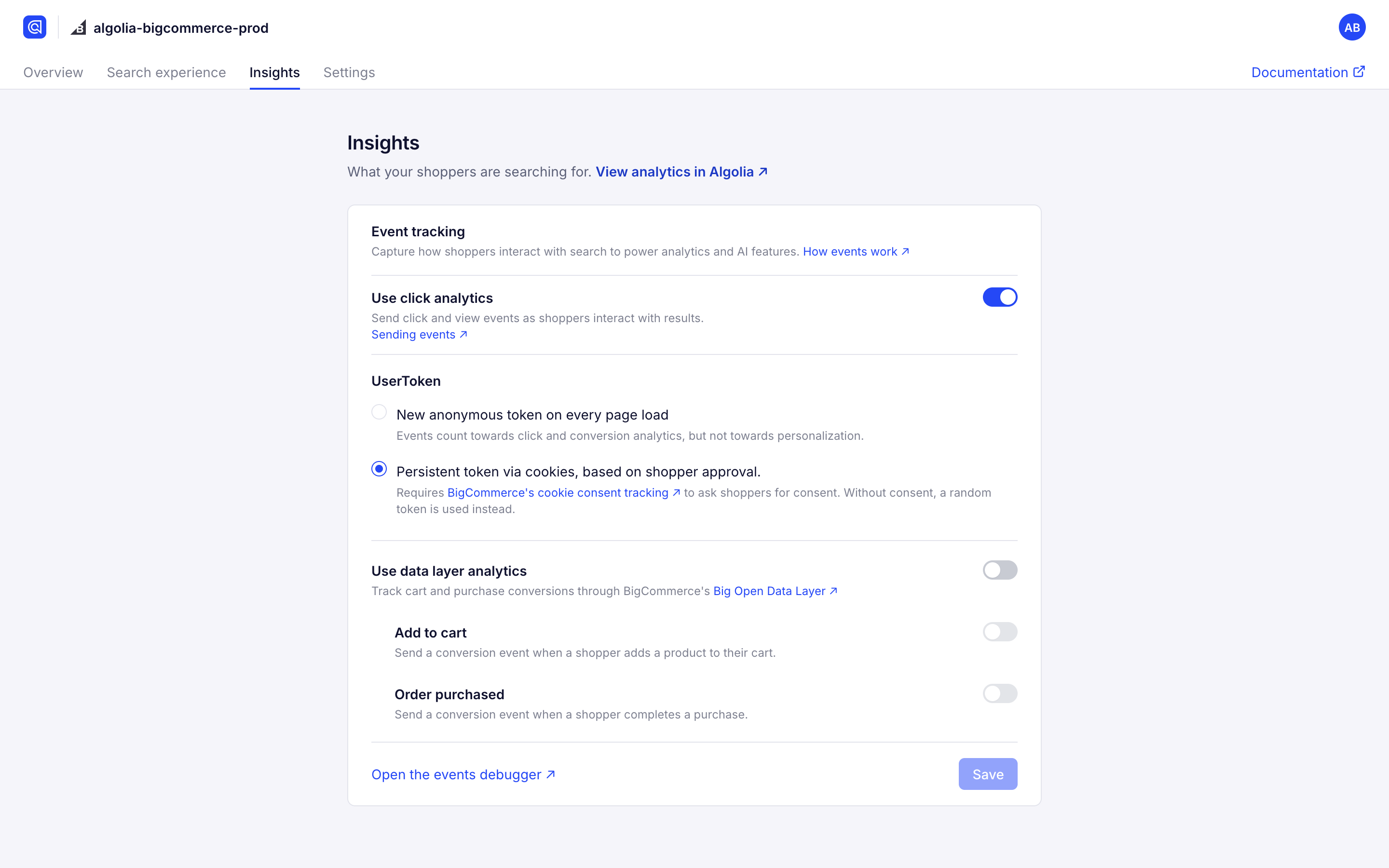 Screenshot of the 'Event tracking' settings with 'Use click analytics' enabled, UserToken options, and 'Use data layer analytics' toggles.
