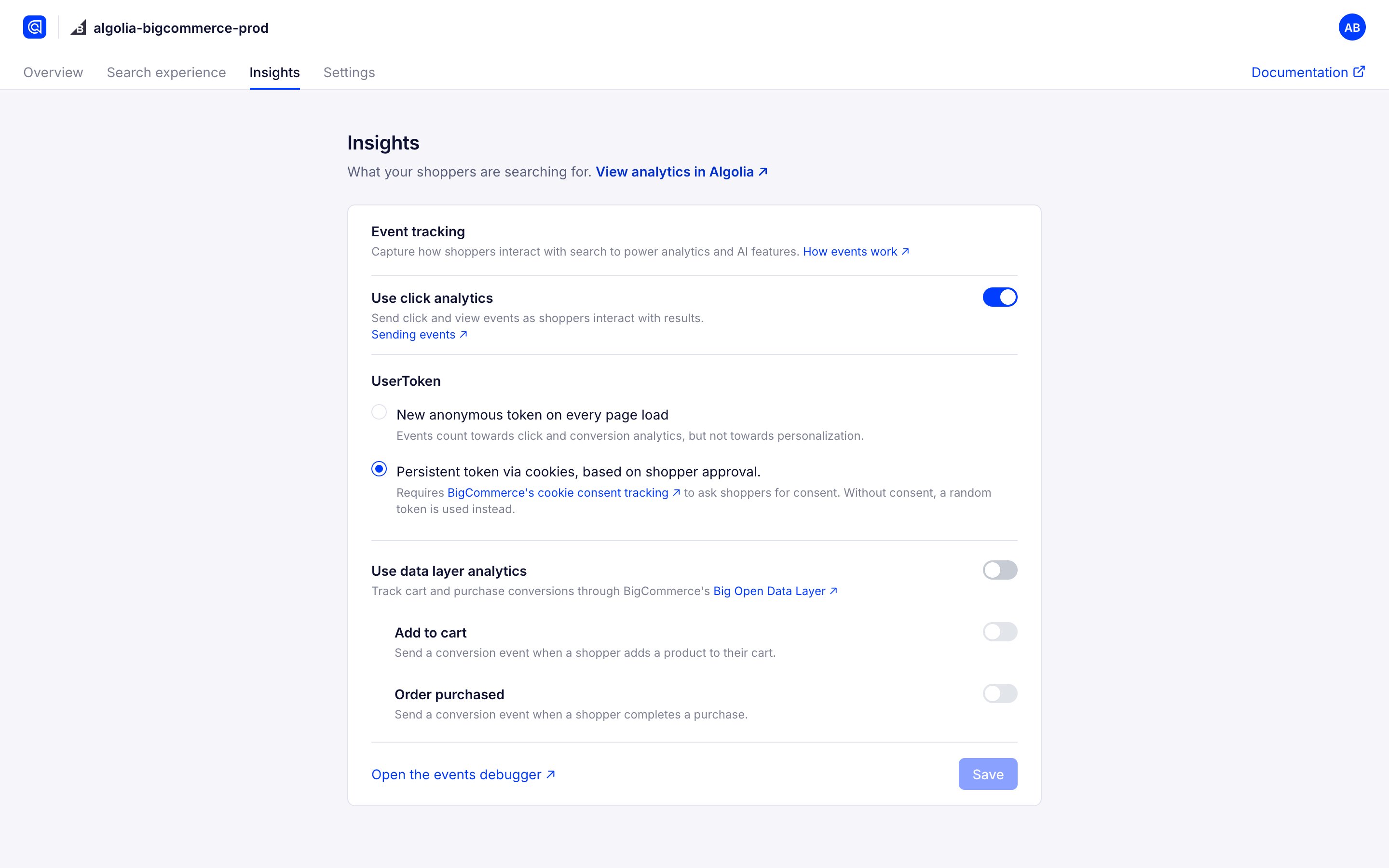Screenshot of the 'Event tracking' settings with 'Use click analytics' enabled, UserToken options, and 'Use data layer analytics' toggles.