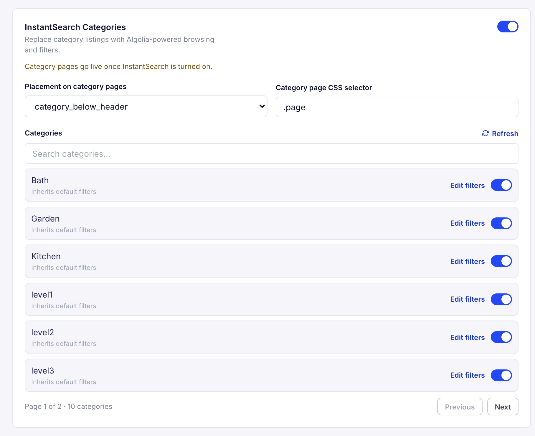 Screenshot of the 'InstantSearch Categories' section with placement and CSS selector settings and a list of categories with 'Edit filters' links and toggles.