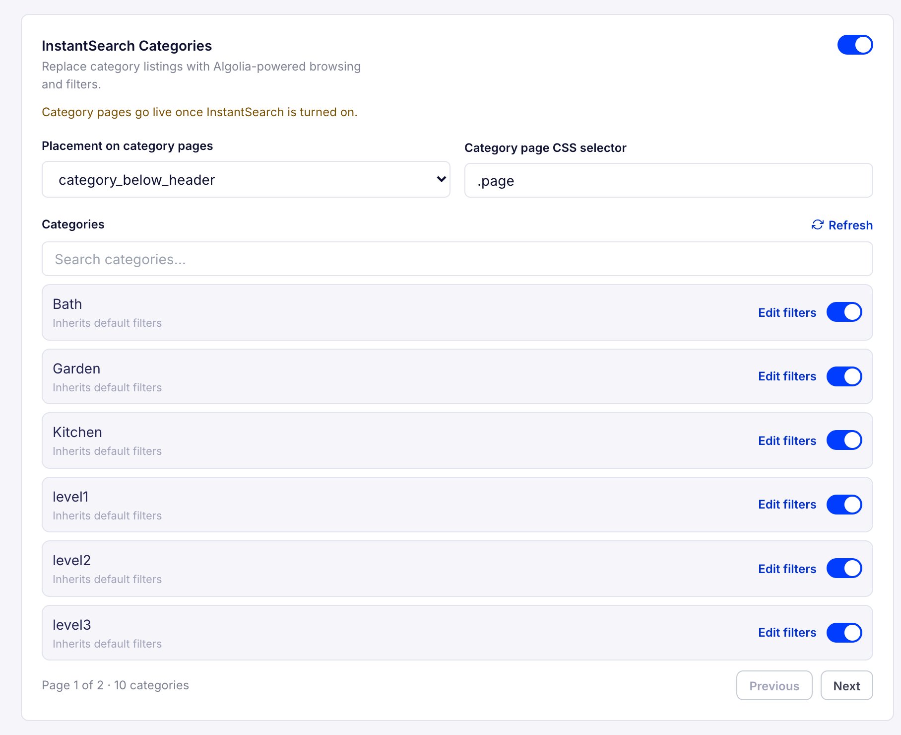 Screenshot of the 'InstantSearch Categories' section with placement and CSS selector settings and a list of categories with 'Edit filters' links and toggles.