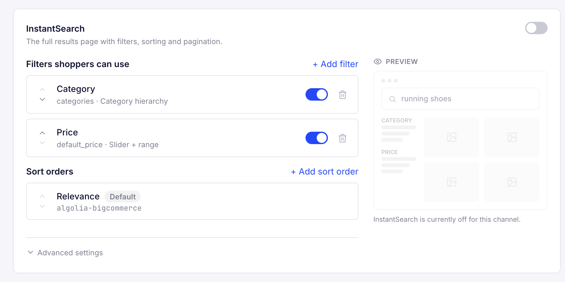 Screenshot of the 'InstantSearch' section with filters, sort orders, and a preview of the results page.