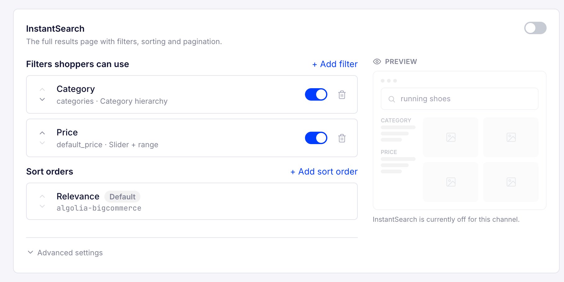 Screenshot of the 'InstantSearch' section with filters, sort orders, and a preview of the results page.