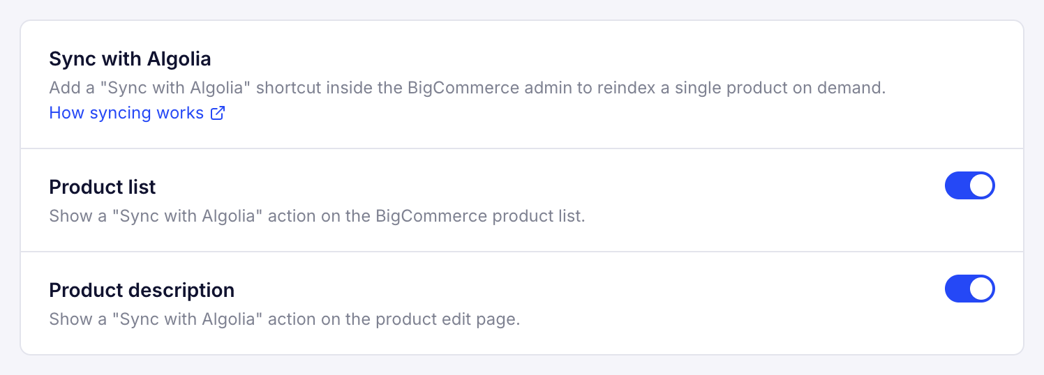 Screenshot of the 'Sync with Algolia' settings with 'Product list' and 'Product description' toggles enabled.
