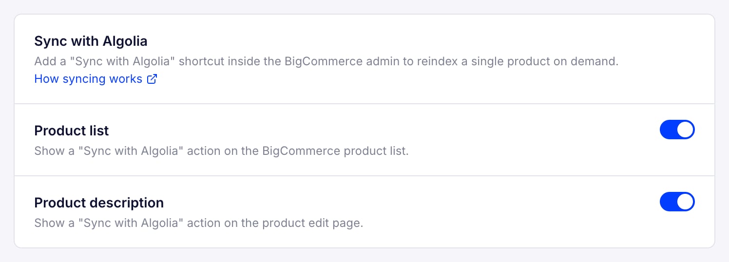 Screenshot of the 'Sync with Algolia' settings with 'Product list' and 'Product description' toggles enabled.