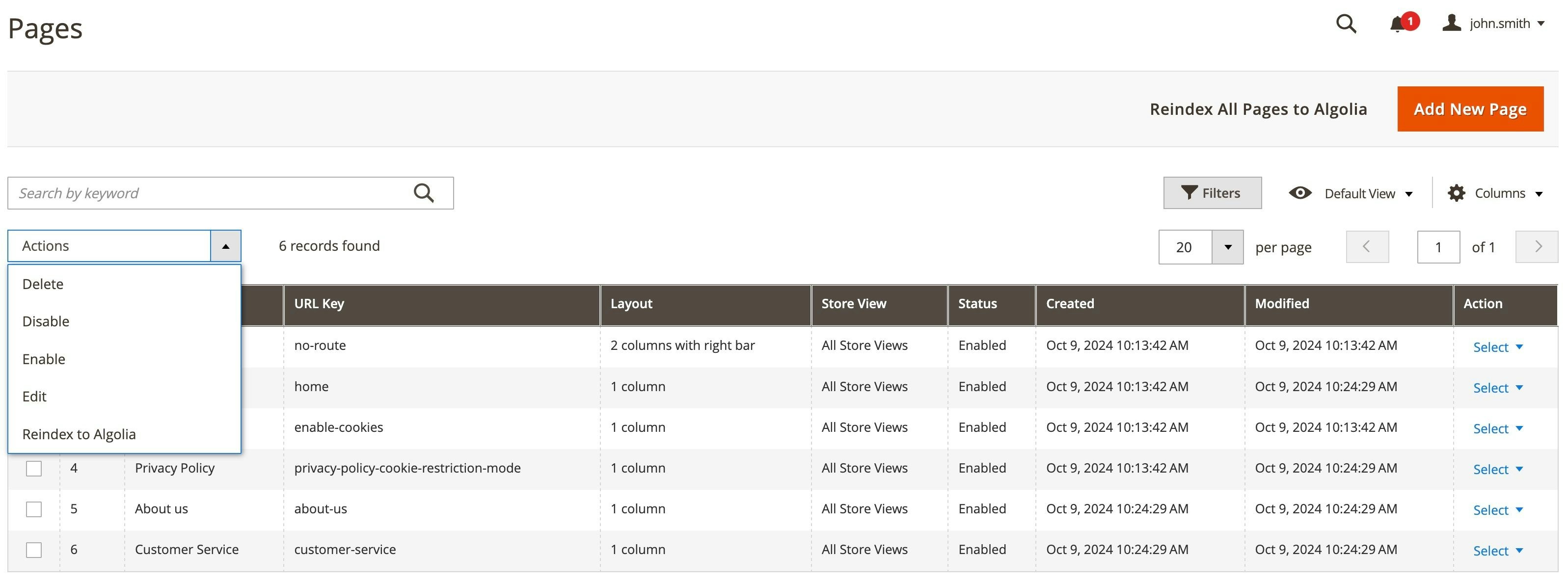 Pages grid reindexing