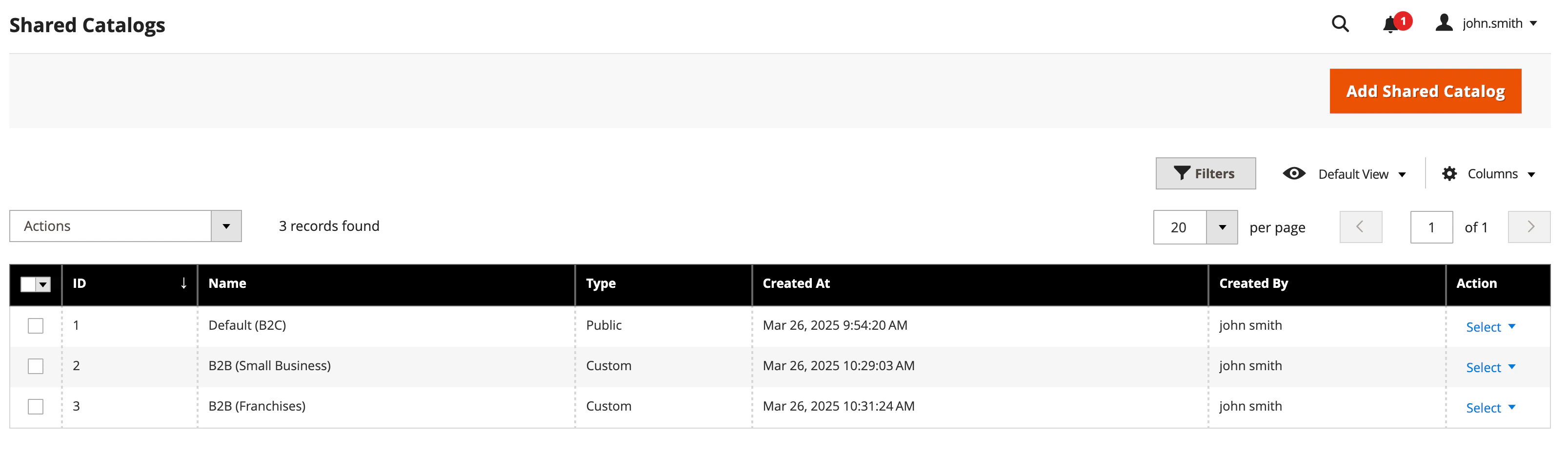 Screenshot of a 'Shared Catalogs' page with a table of three records and an 'Add Shared Catalog' button.