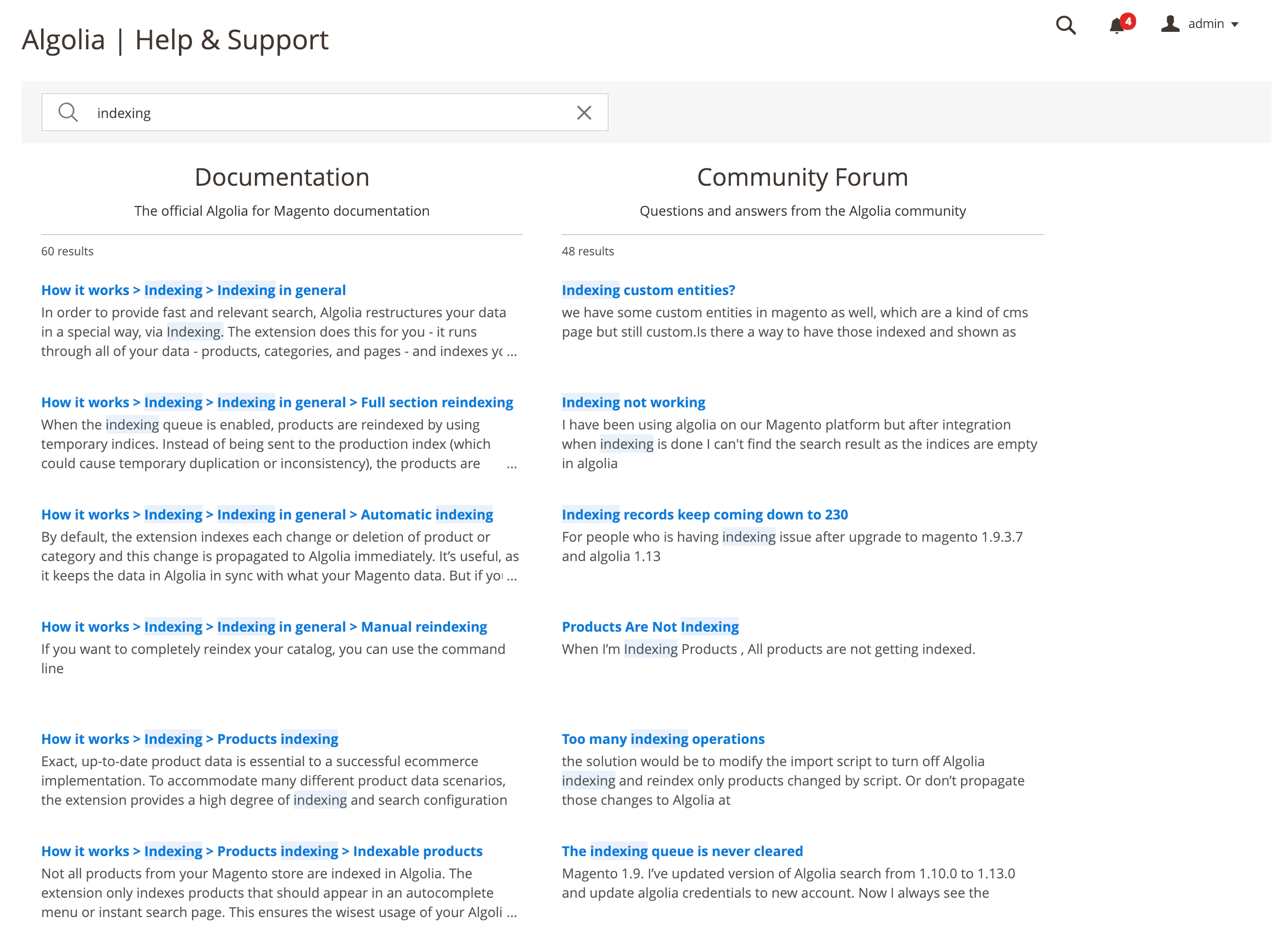Screenshot of a 'Help and Support' page showing search results for 'indexing' in two columns: 'Documentation' and 'Community Forum'.