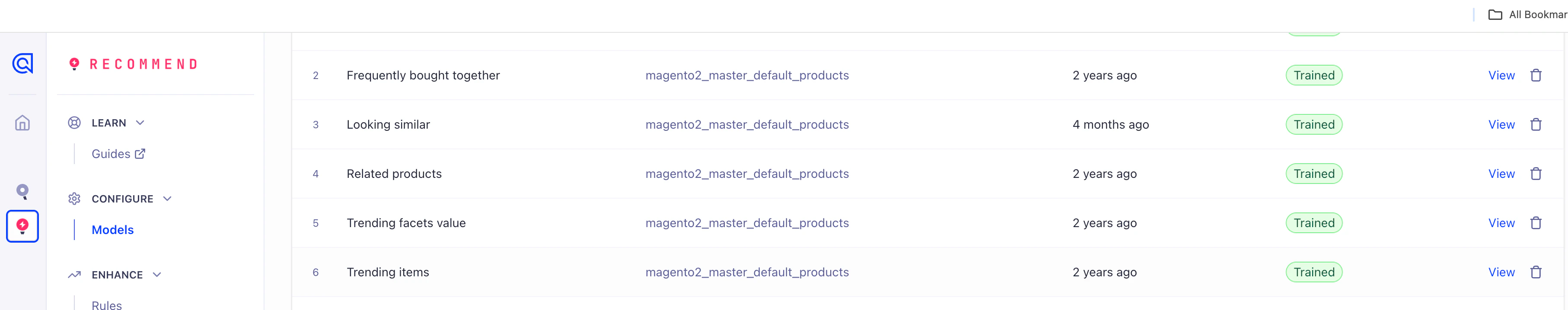 Screenshot of the 'Models' section in Algolia Recommend, listing trained models like 'Frequently bought together' with timestamps and 'View' links.
