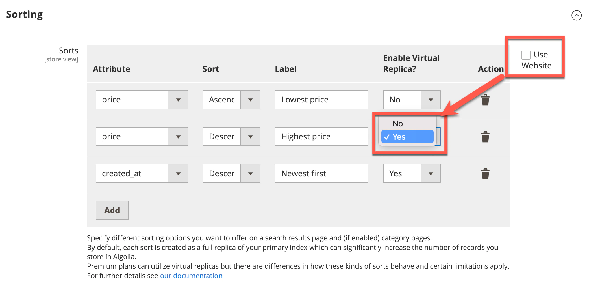 Screenshot of a 'Sorting' table with 'Enable Virtual Replica?' drop-down menu showing 'Yes' selected.