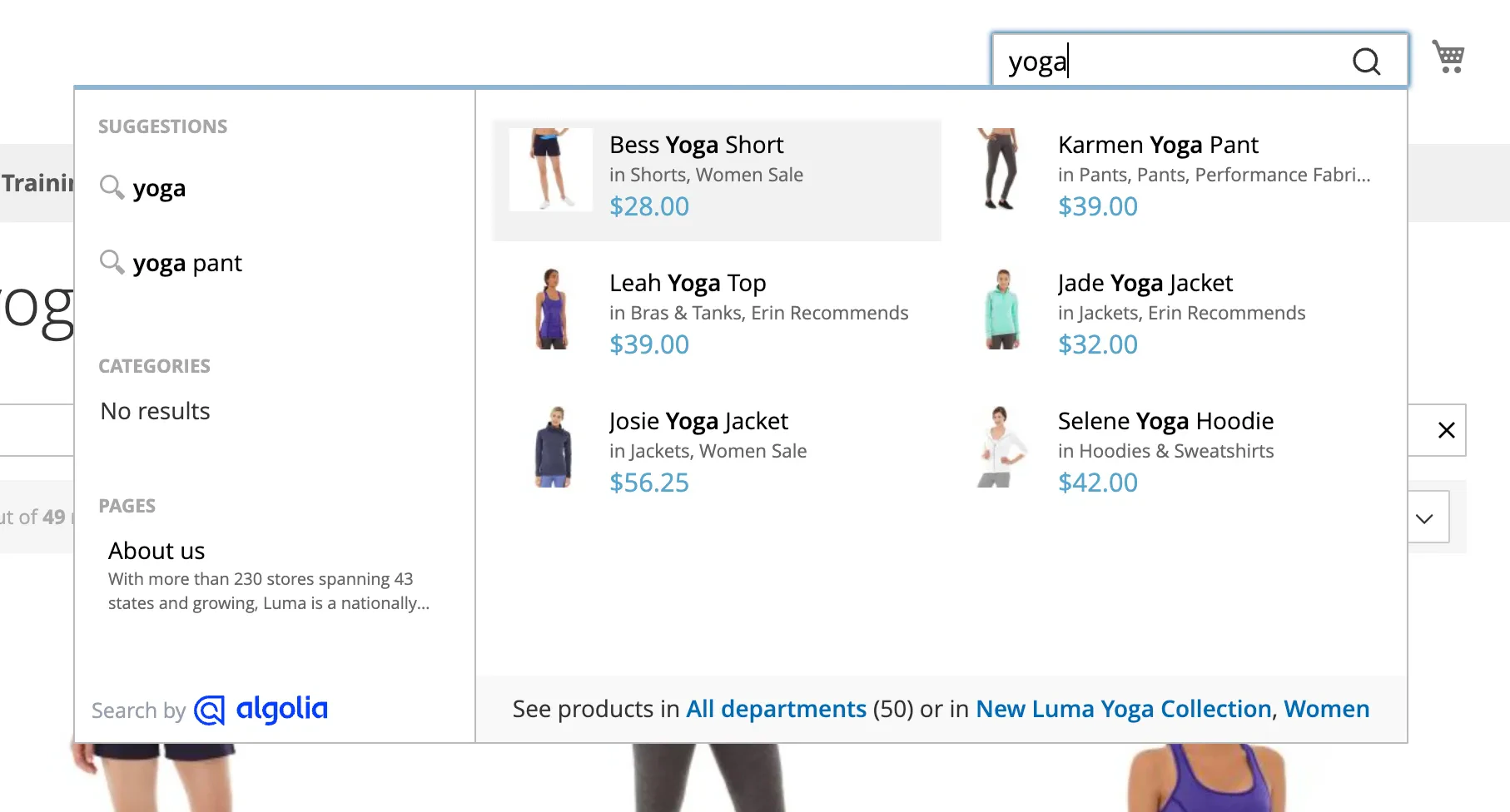 Screenshot of a search interface with 'yoga' entered, showing suggestions and product results like 'Bess Yoga Short' and 'a product name Yoga Pant'.