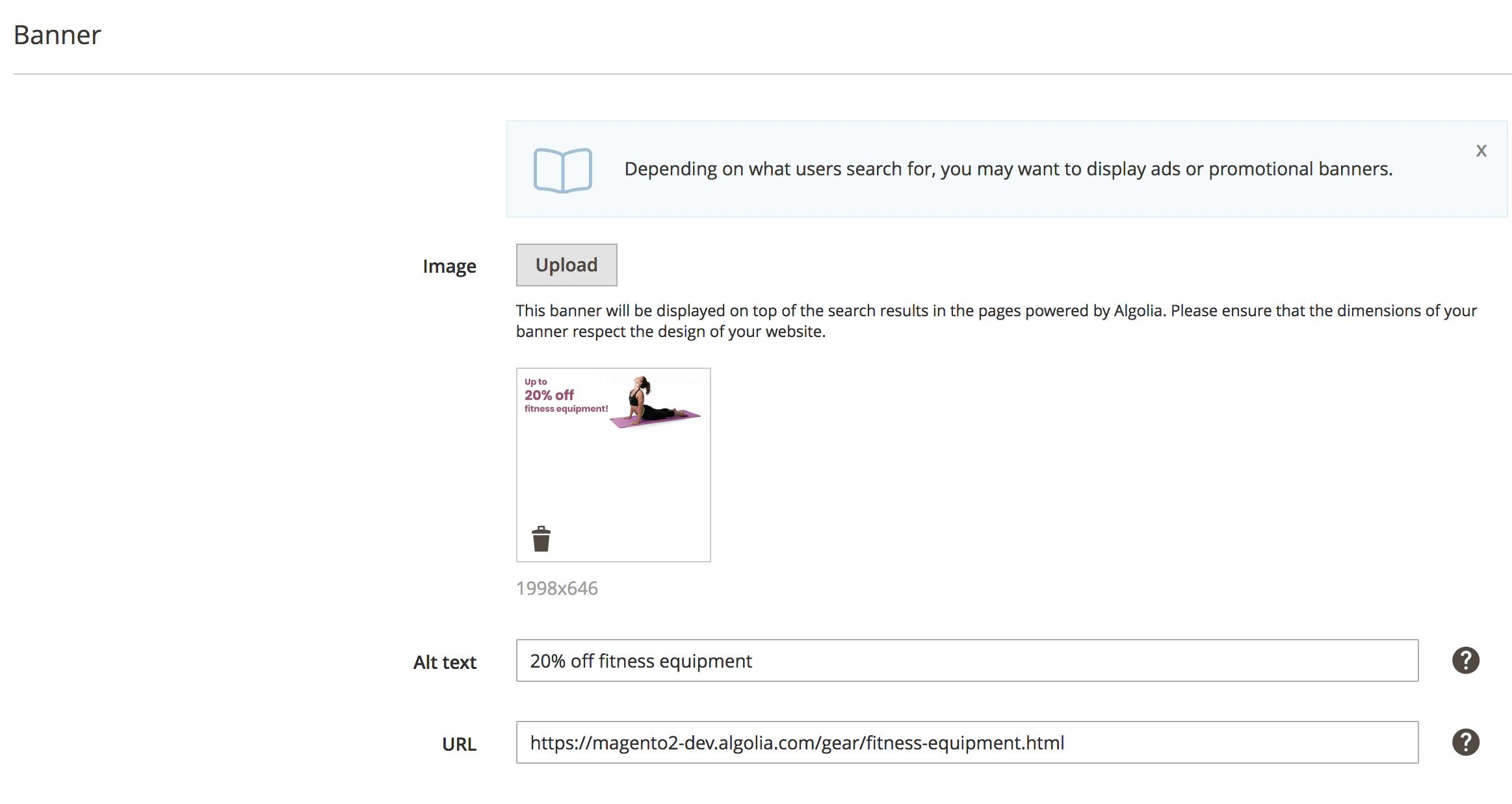 Screenshot of the 'Query Merchandiser' page showing a banner upload section with an image, 'Alt text' field, and 'URL' field.