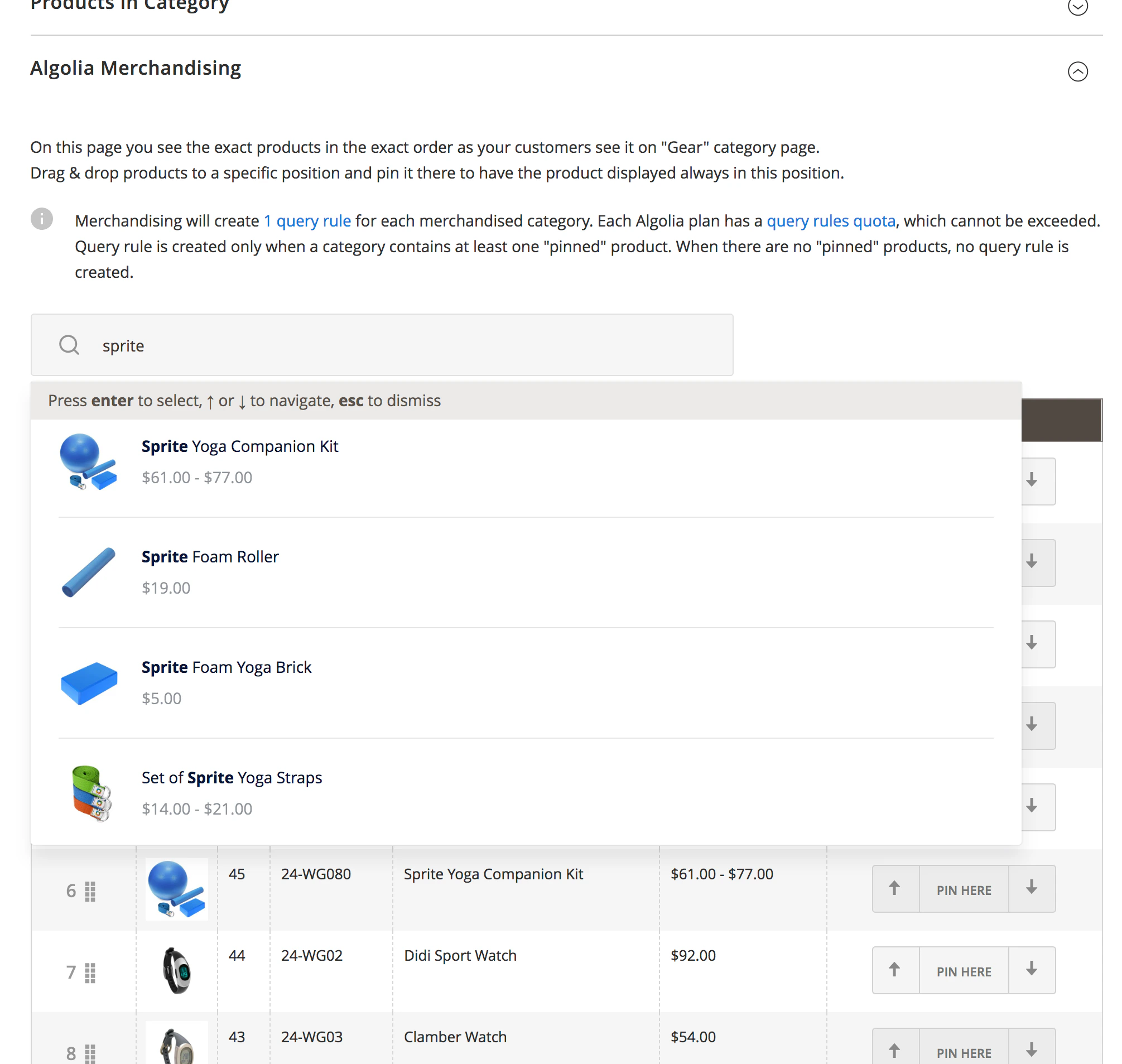 Screenshot of a search autocomplete menu showing 'Sprite' products like 'Sprite Yoga Companion Kit' and 'Sprite Foam Roller' with prices.
