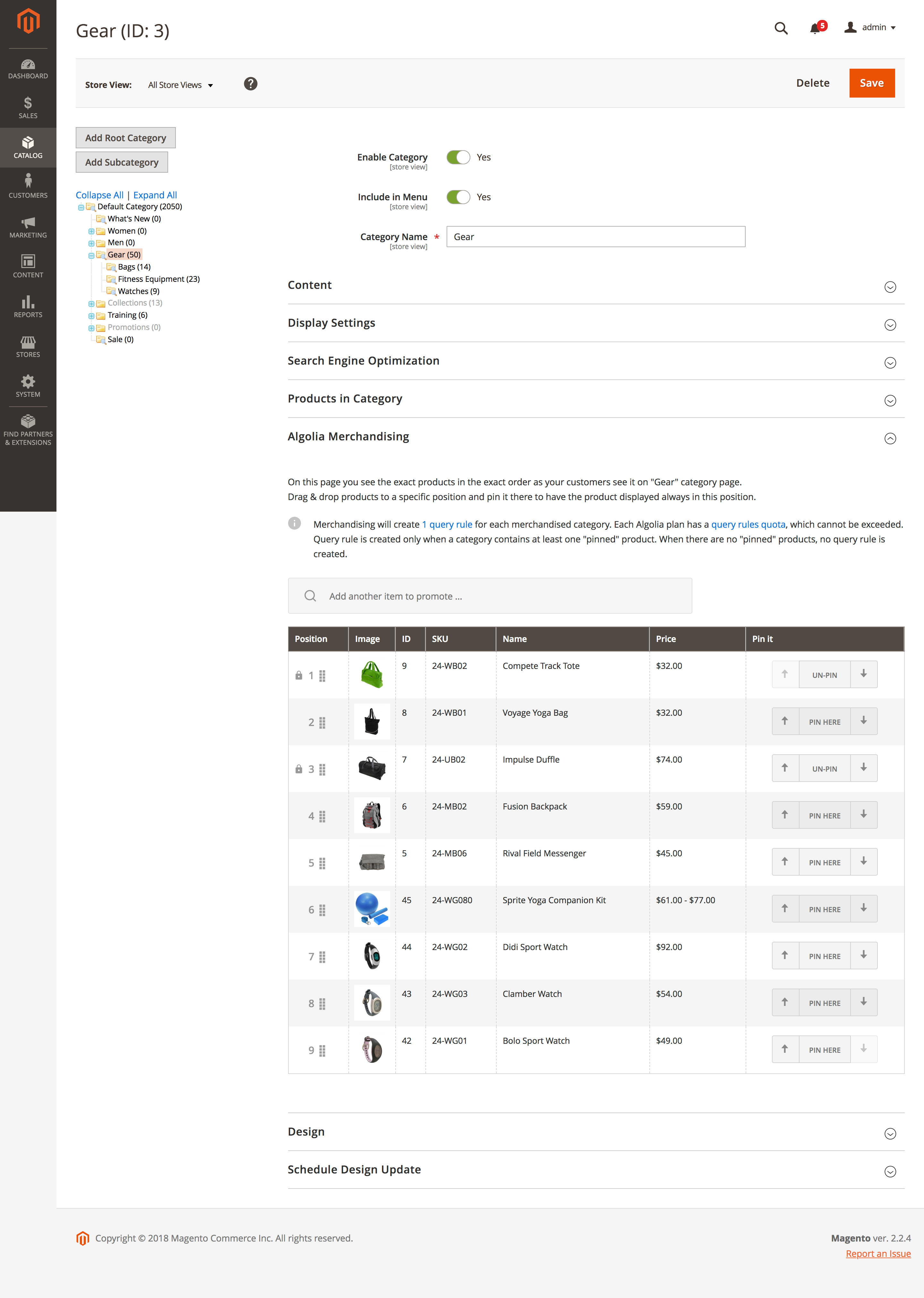Screenshot of the 'Visual category merchandising' page showing a table of products in the 'Gear' category with position, image, ID, SKU, name, price, and pin options.