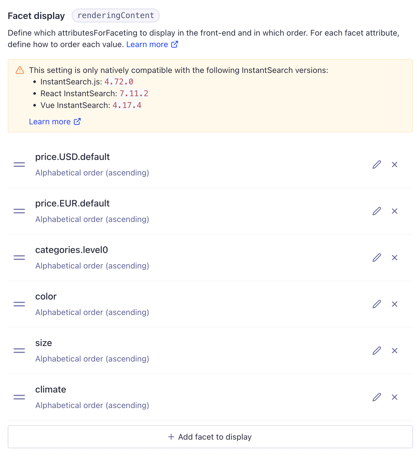 Screenshot of a 'Facet display' list with attributes like 'price. USD.default' and 'color' ordered alphabetically, plus an add option.