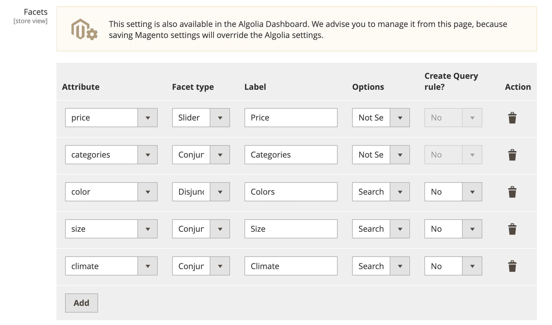 Screenshot of a table in the 'Merchandising Studio' showing faceted attributes like 'price', 'categories', and 'color' with their settings.