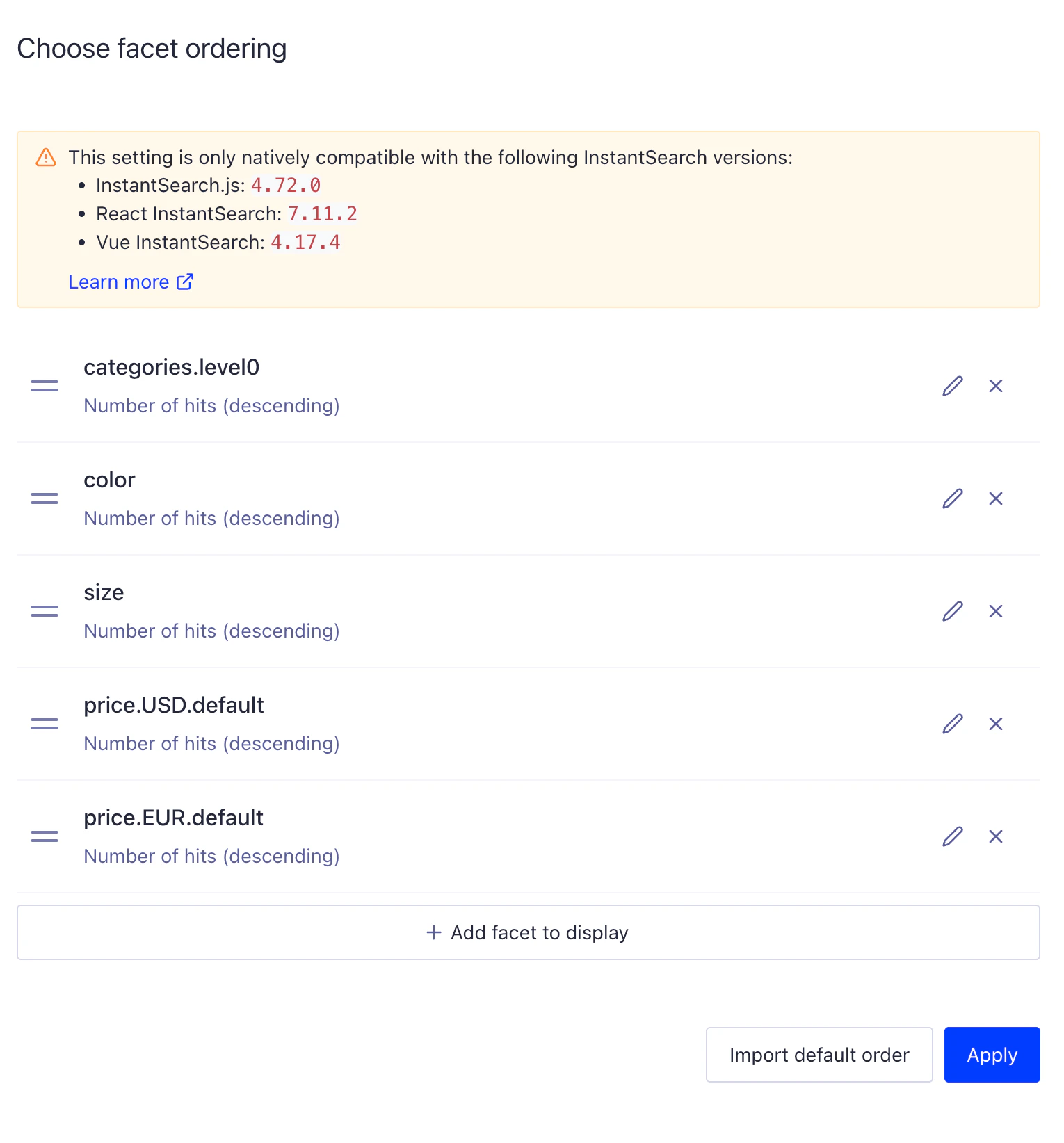 Screenshot of facet ordering with 'categories.level0', 'color', 'size', and price facets sorted by 'Number of hits (descending)'.