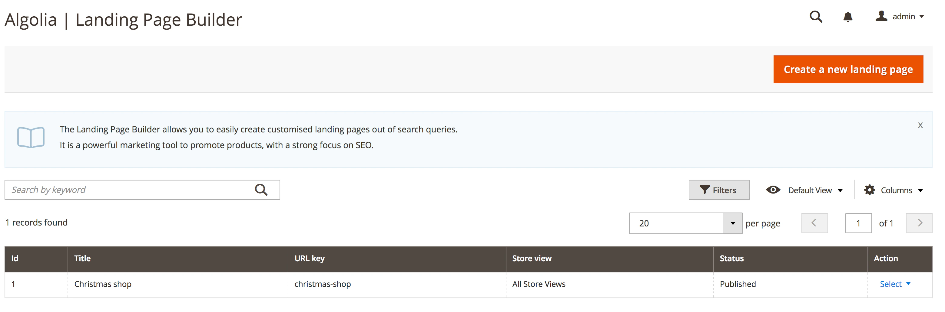 Screenshot of the 'Landing Page Builder' page showing a table with one record and a 'Create a new landing page' button.