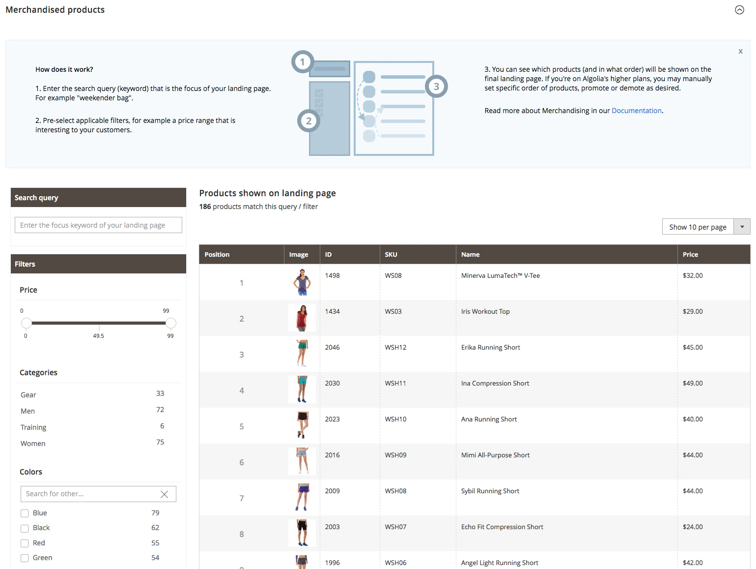Screenshot of a product list with columns for Position, Image, ID, SKU, Name, and Price, plus filter options for Price, Categories, and Colors.