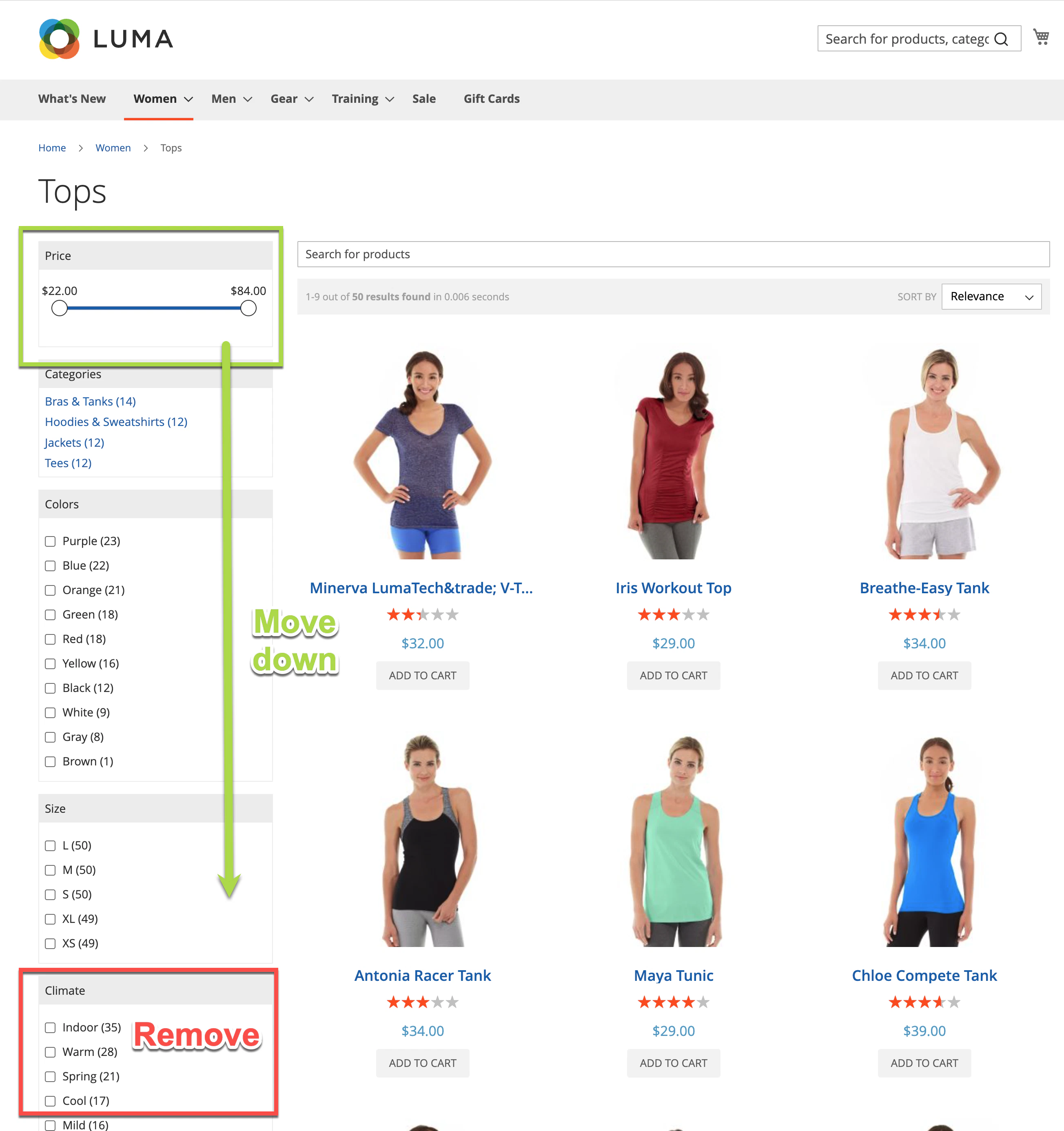 Screenshot of a 'Tops' page showing a price slider and 'Climate' filter with options 'Indoor,' 'Warm,' 'Spring,' 'Cool,' and 'Mild,' highlighted with a red box and green arrow.
