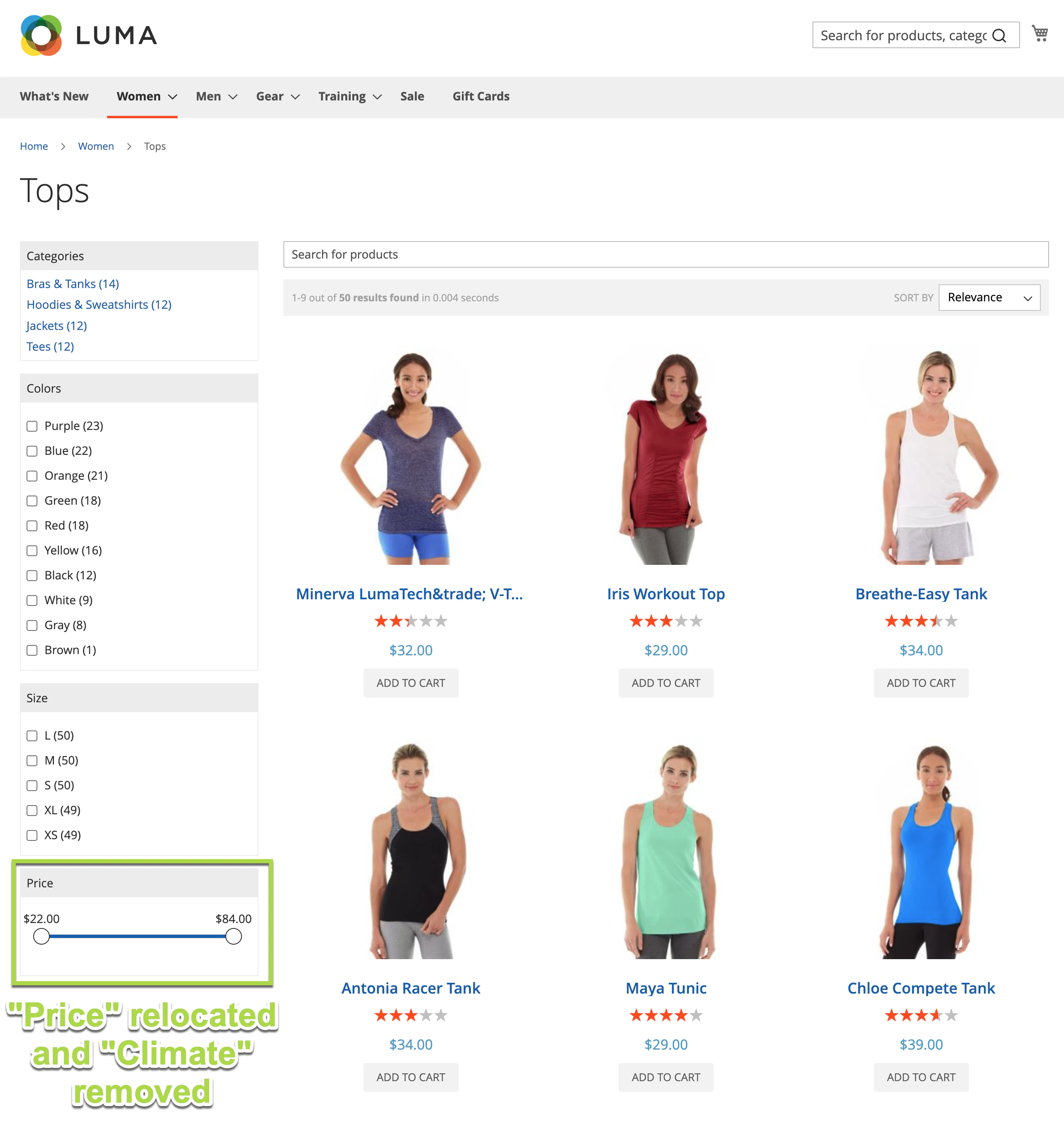Dynamic faceting applied on a Magento product listing page